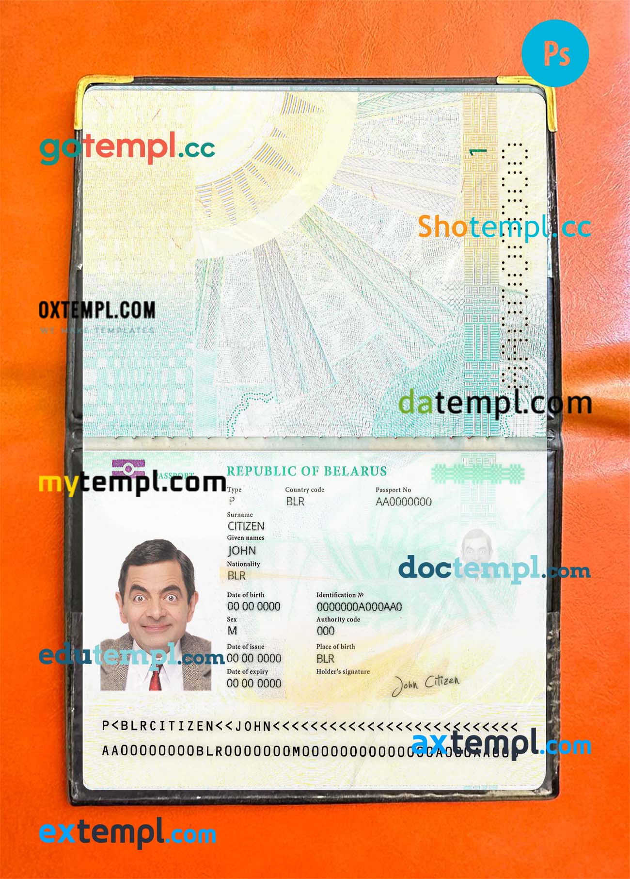 Belarus passport PSD files, scan and photo look templates (2020-present), 2 in 1