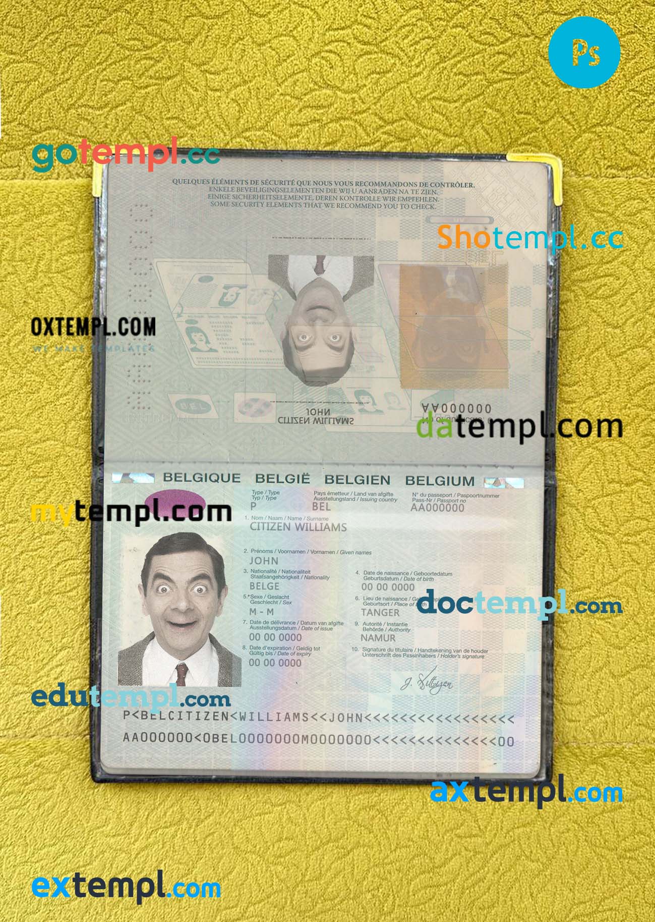 Belgium passport PSD files, editable scan and photo-realistic look sample (2014-2017) , 2 in 1