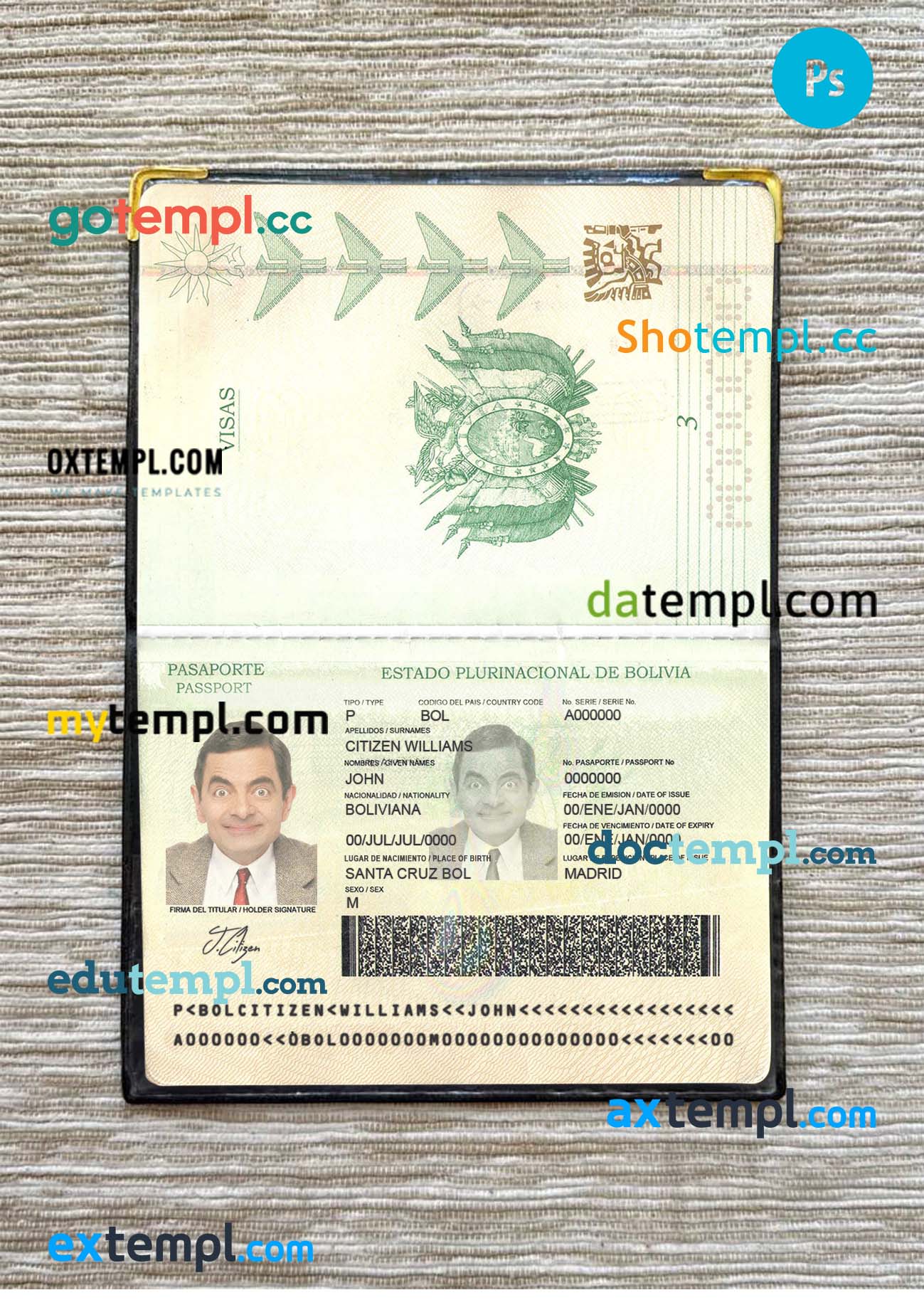 Bolivia passport PSD files, scan and photograghed image, 2 in 1