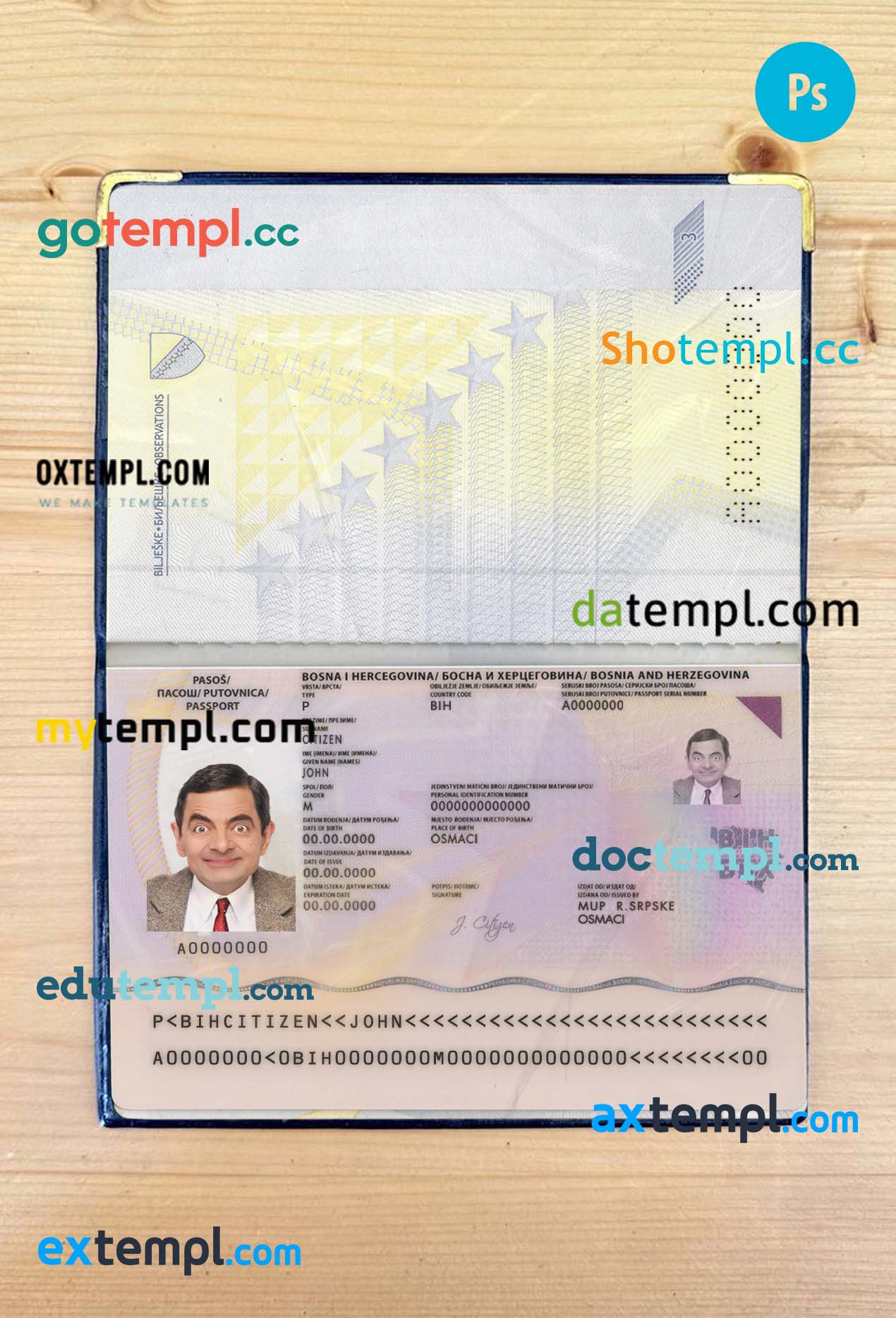 Bosnia & Herzegovina passport editable PSD files, scan and photo look templates, 2 in 1
