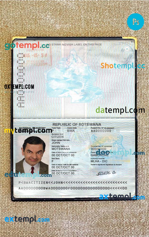 Botswana passport PSD files, editable scan and photo-realistic look sample, 2 in 1
