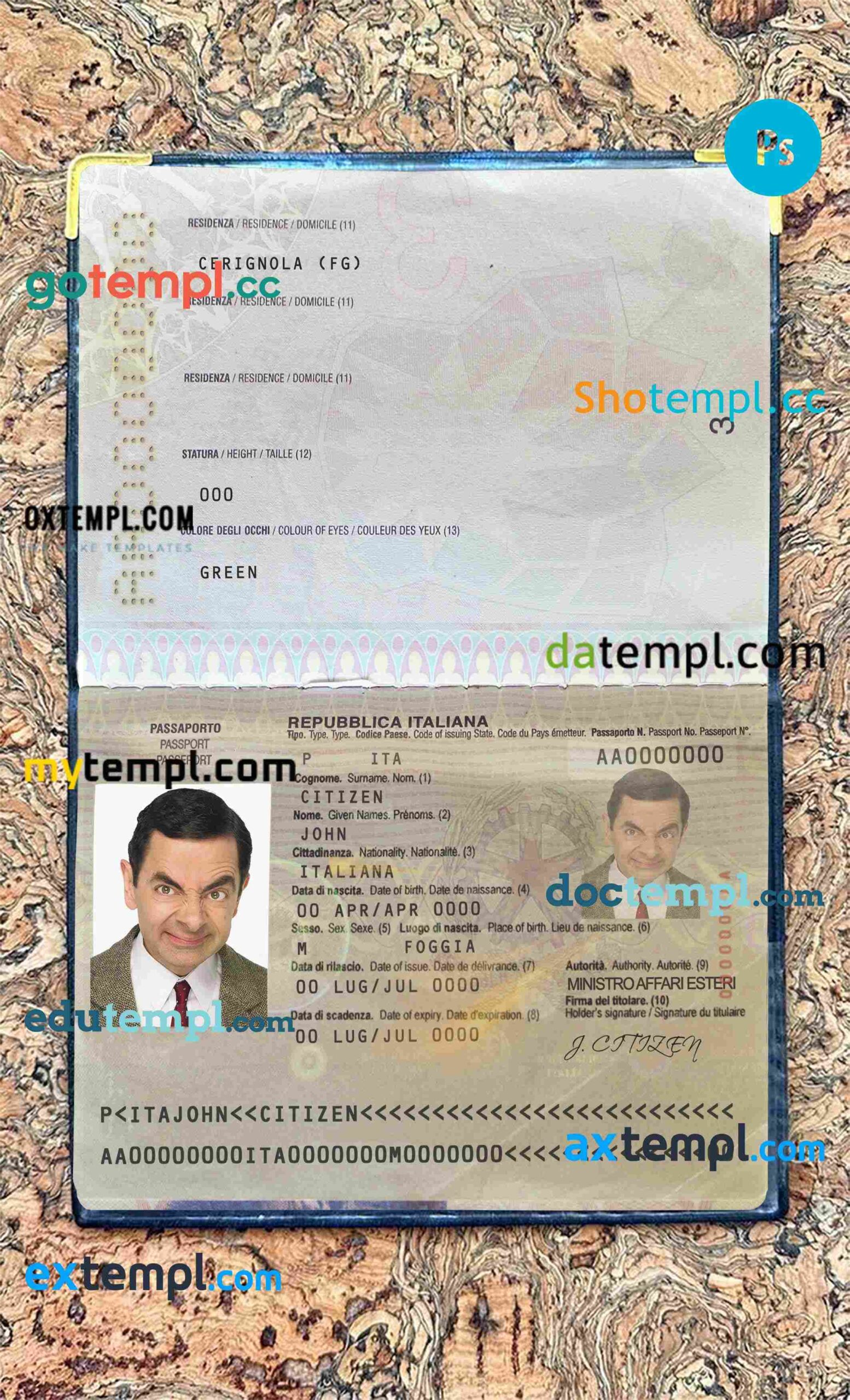 Italy passport editable PSD files, scan and photo look templates, 2 in 1