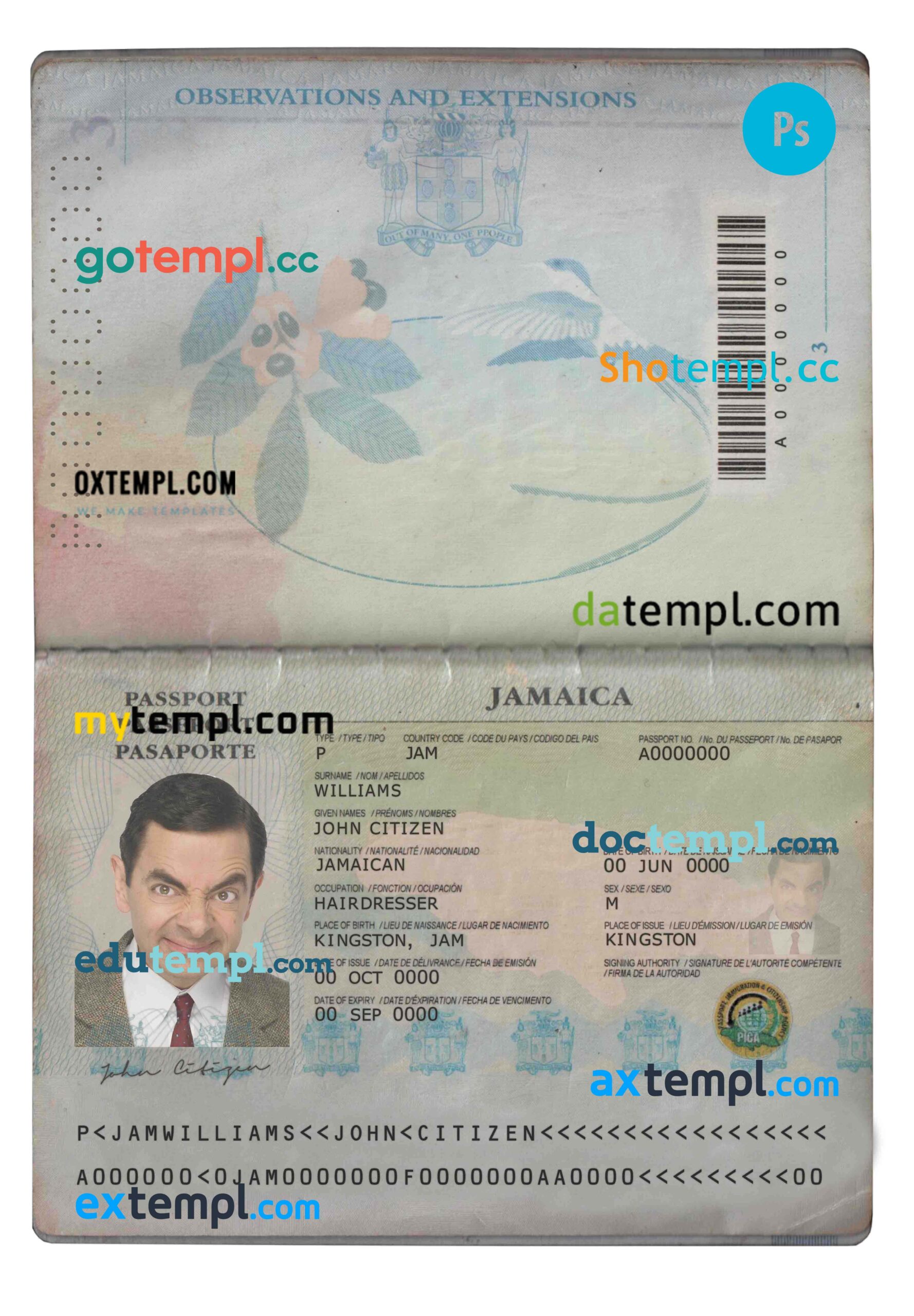 Jamaica passport editable PSD files, scan and photo look templates, 2 in 1