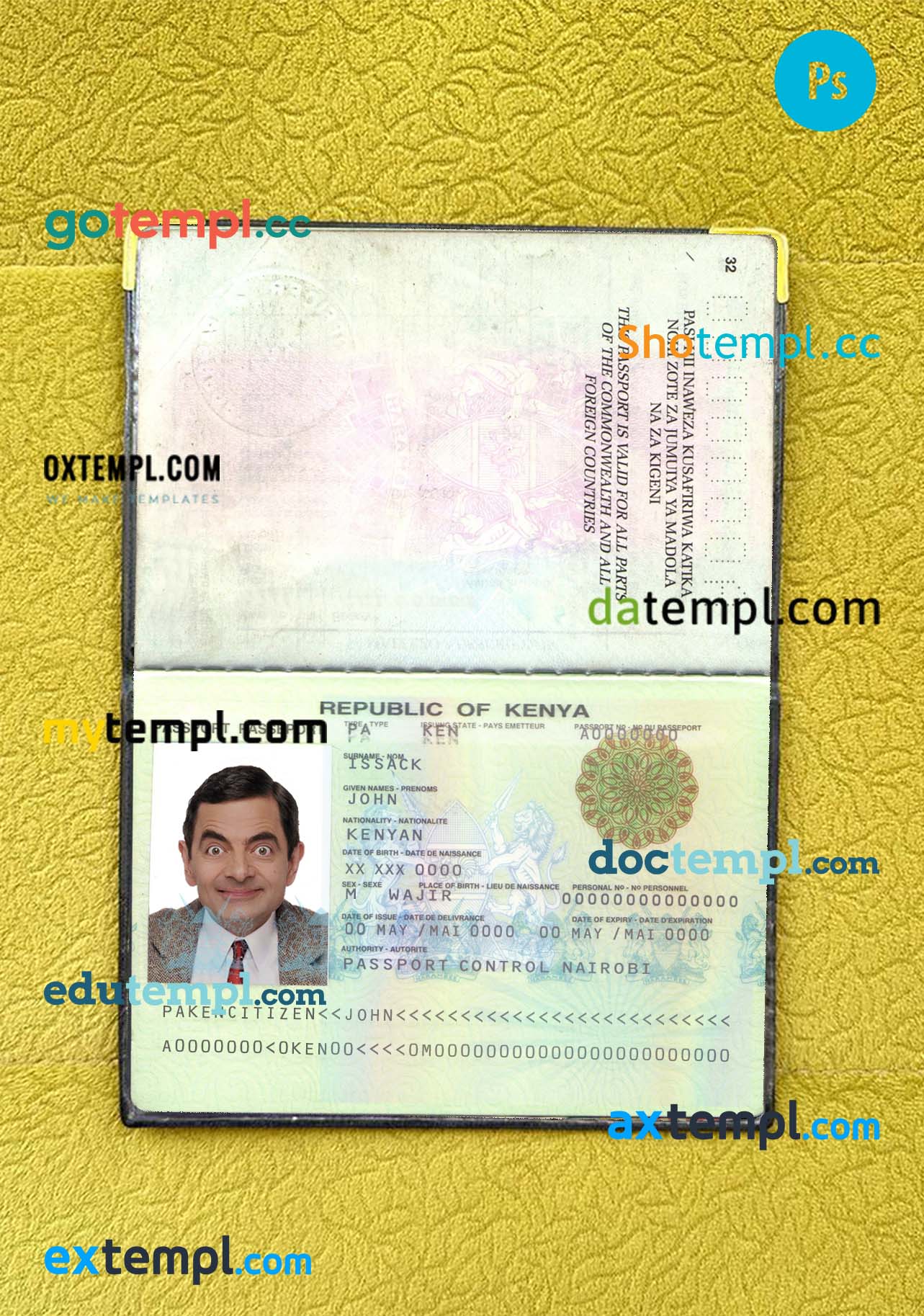 Kenya passport editable PSD files, scan and photo-realistic look (2011-2019), 2 in 1