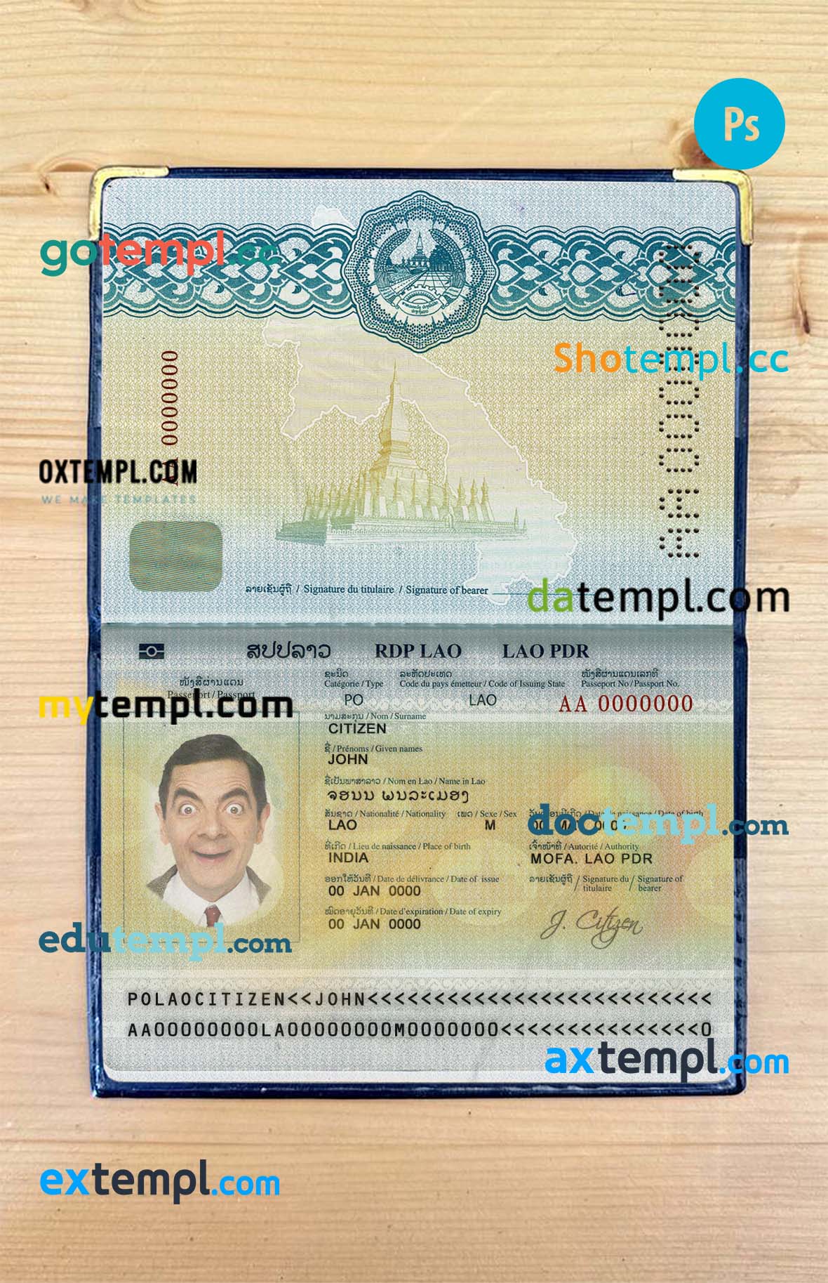 Laos passport editable PSD files, scan and photo look templates, 2 in 1
