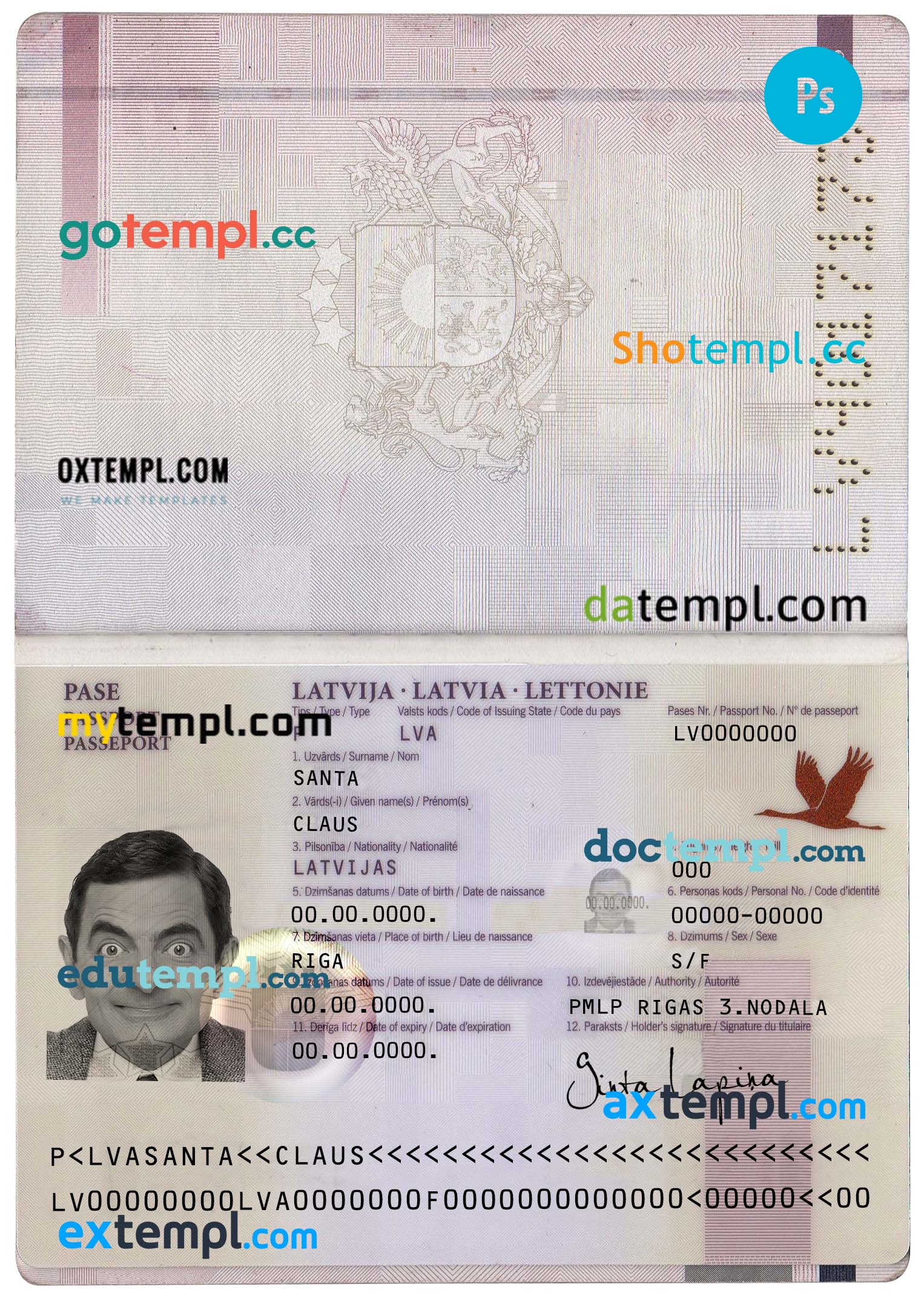 Latvia passport PSD files, editable scan and photo-realistic look sample (2007 - 2015), 2 in 1