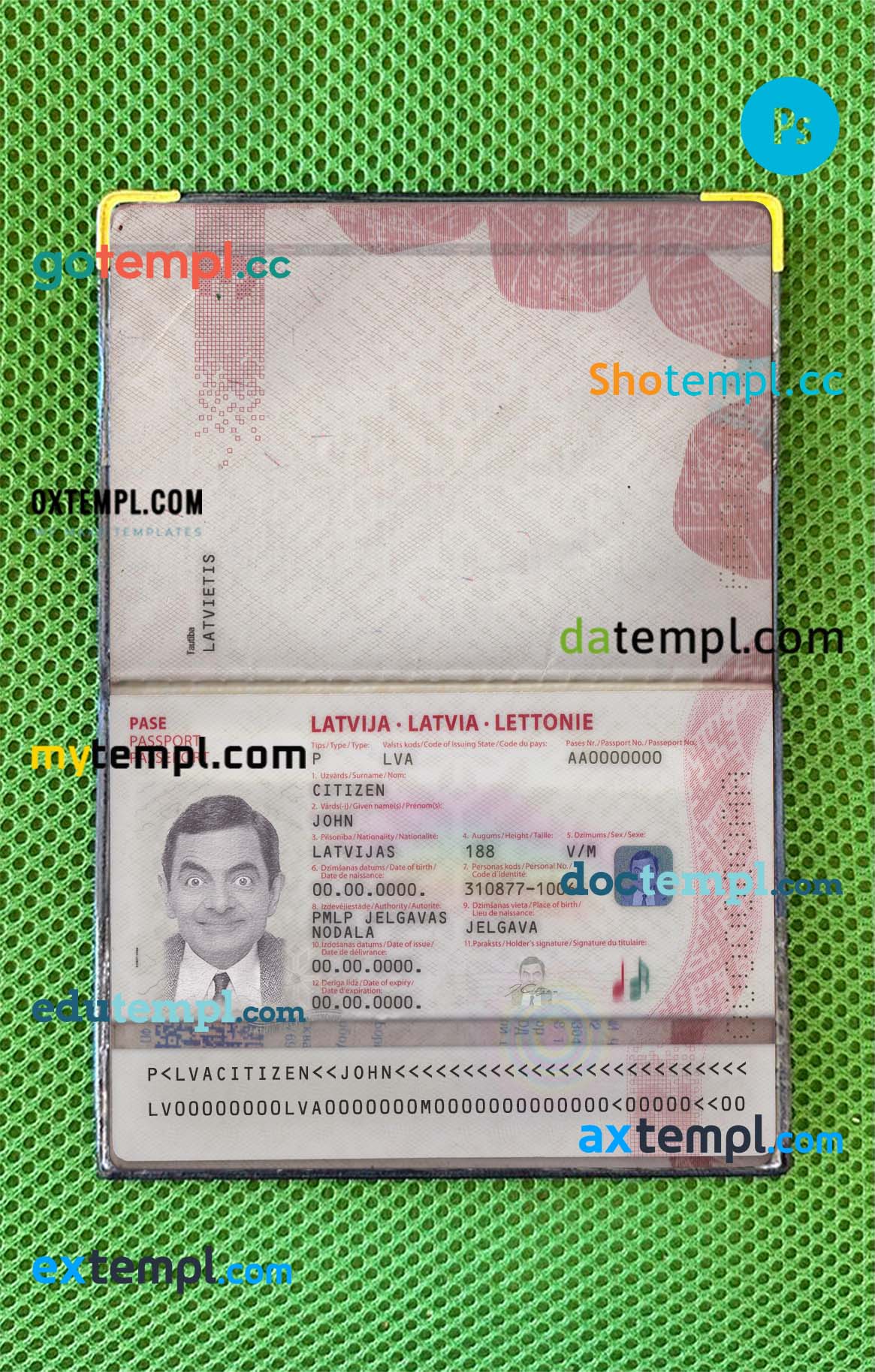 Latvia passport editable PSD files, scan and photo look templates (2015-present), 2 in 1