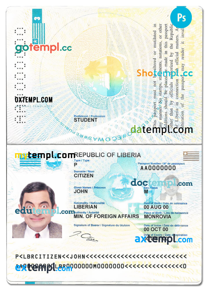 Liberia passport psd files, editable scan and snapshot sample, 2 in 1