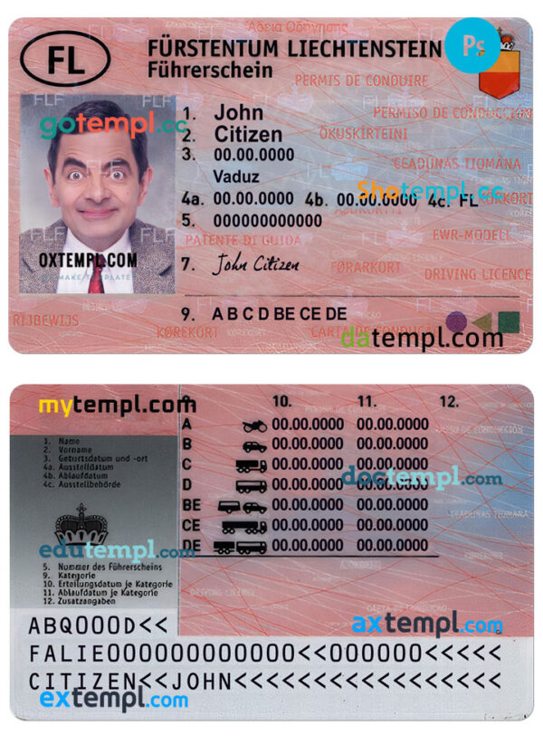 Liechtenstein driving license template in PSD format, with fonts