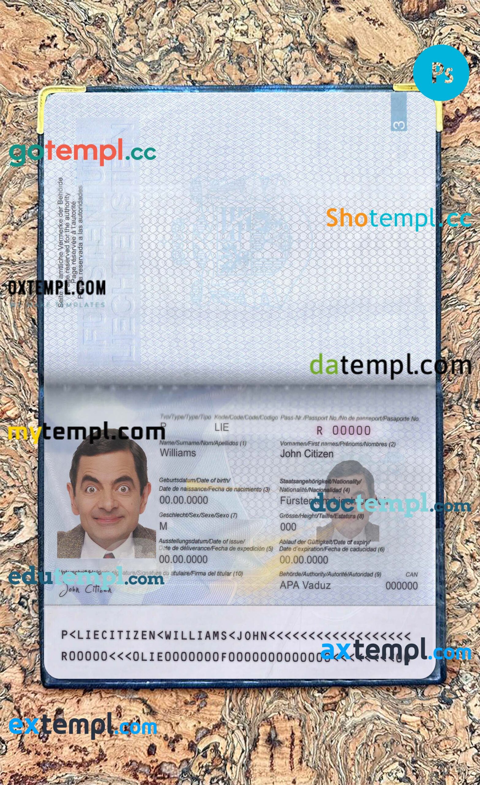 Liechtenstein passport editable PSD files, scan and photo-realistic look, 2 in 1
