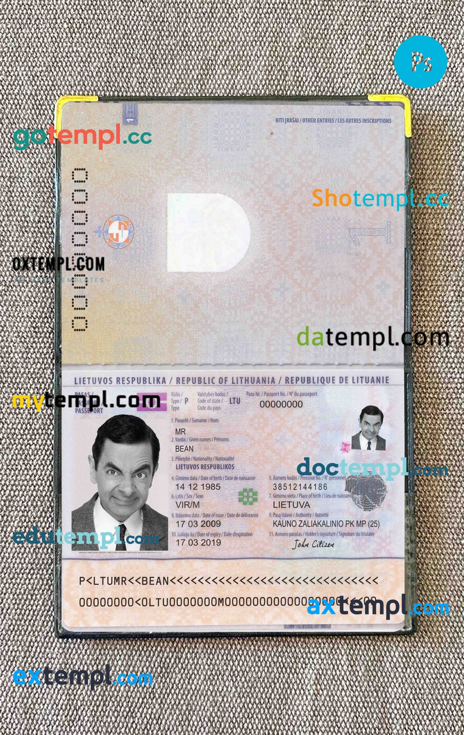 Lithuania passport editable PSD files, scan and photo look templates, 2 in 1