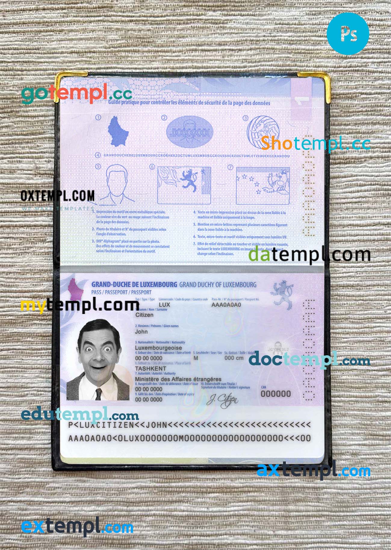 Luxembourg passport editable PSD files, scan and photo look templates, 2 in 1