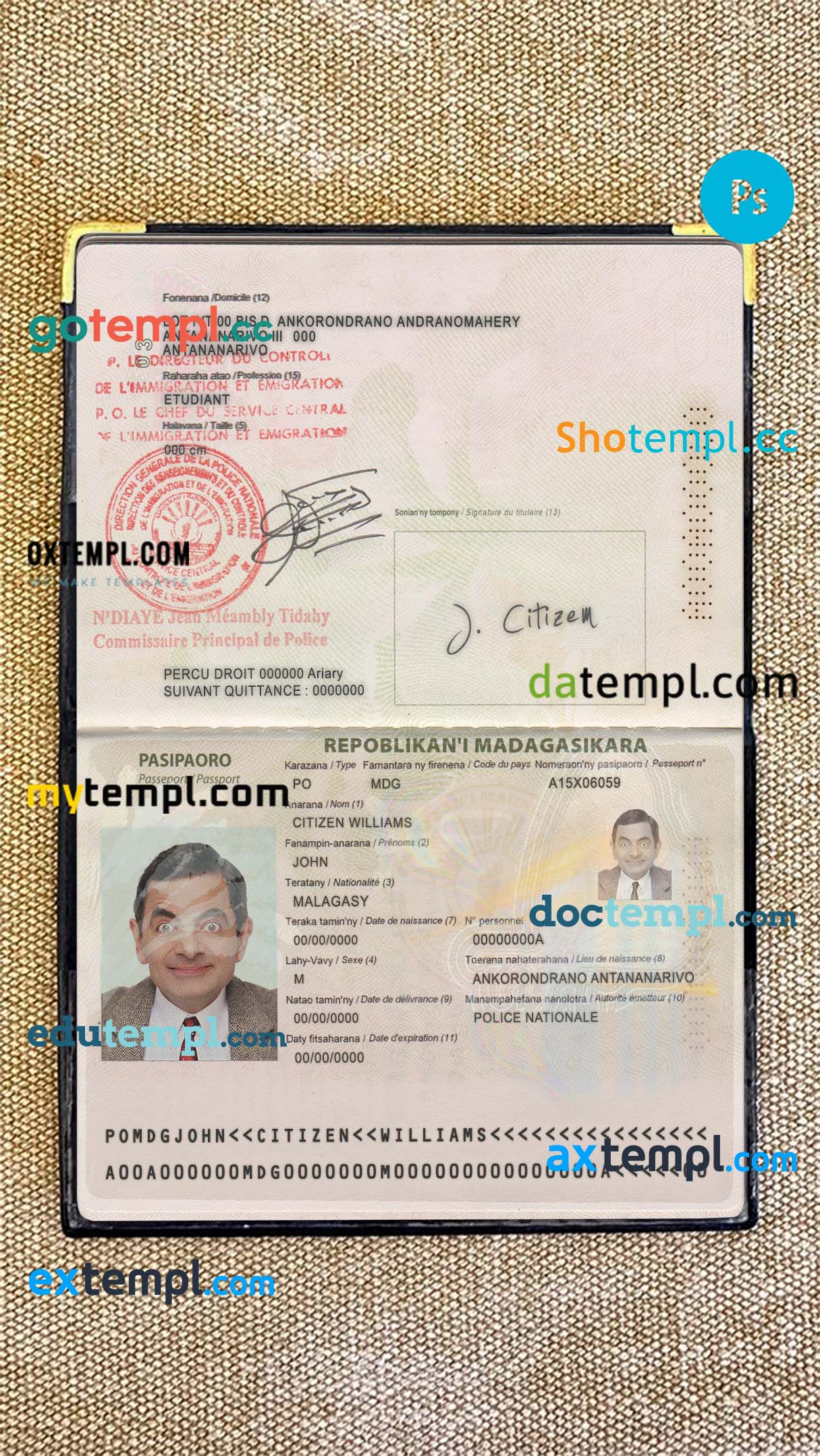 Madagascar passport editable PSD files, scan and photo look templates, 2 in 1