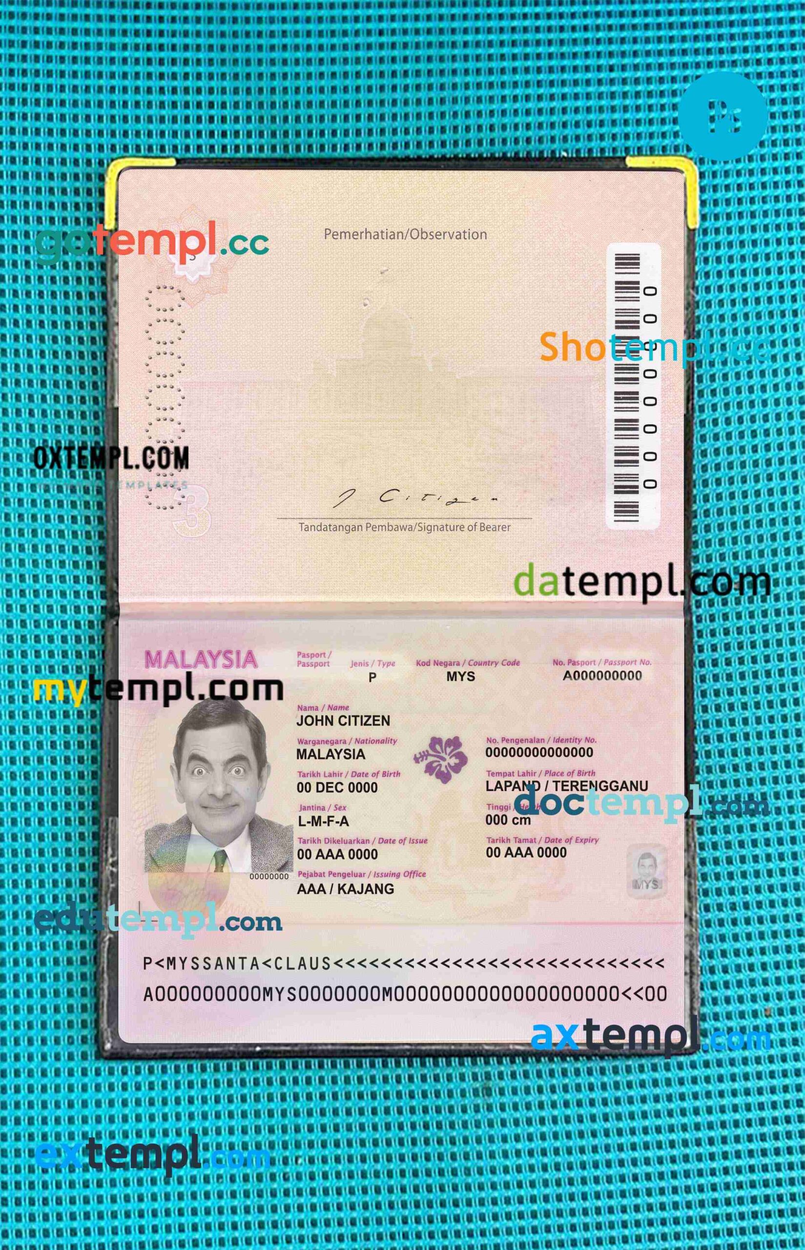 Malaysia passport editable PSD files, scan and photo taken image (2010-2017), 2 in 1