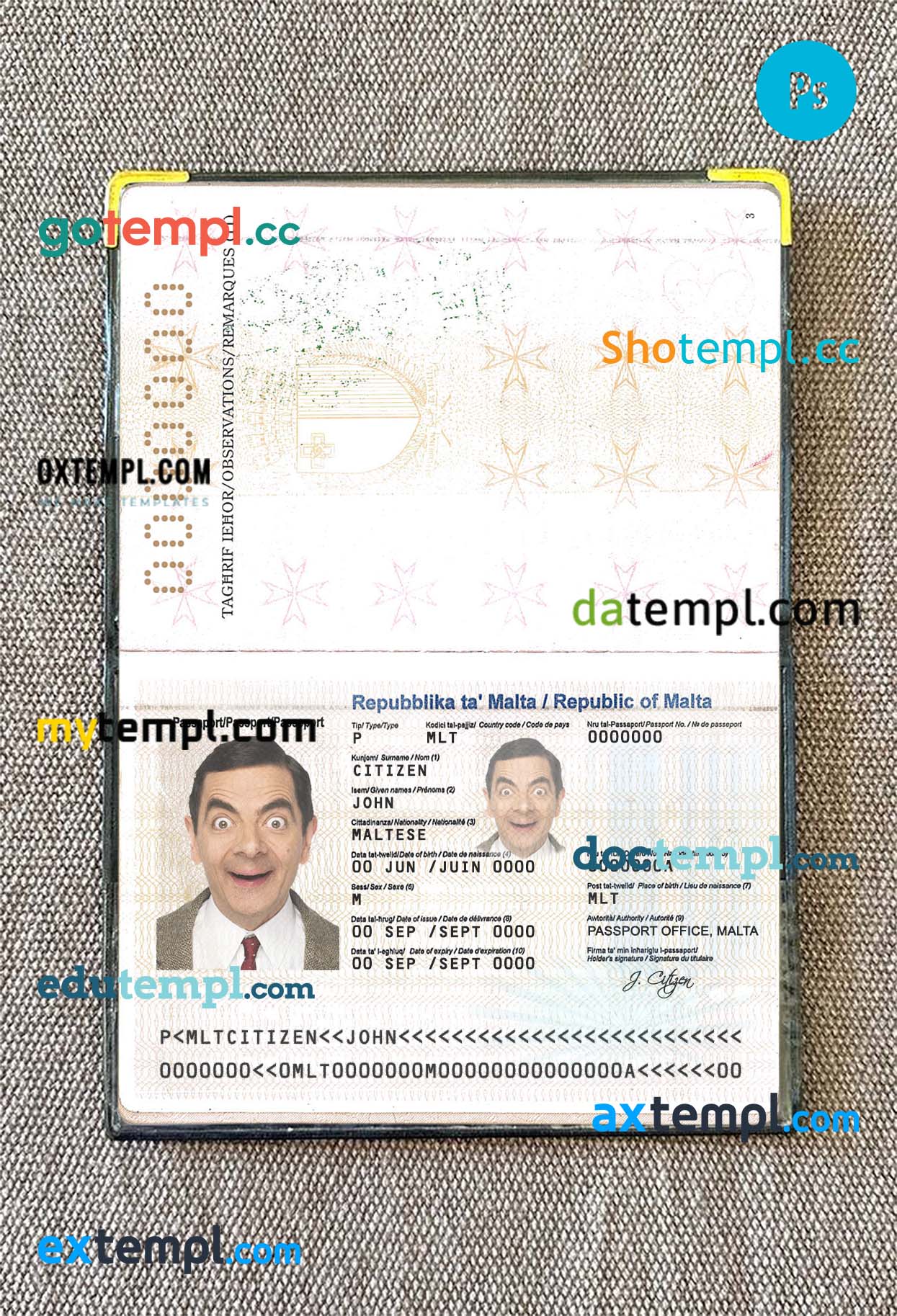 Malta passport PSD files, scan and photograghed image, 2 in 1