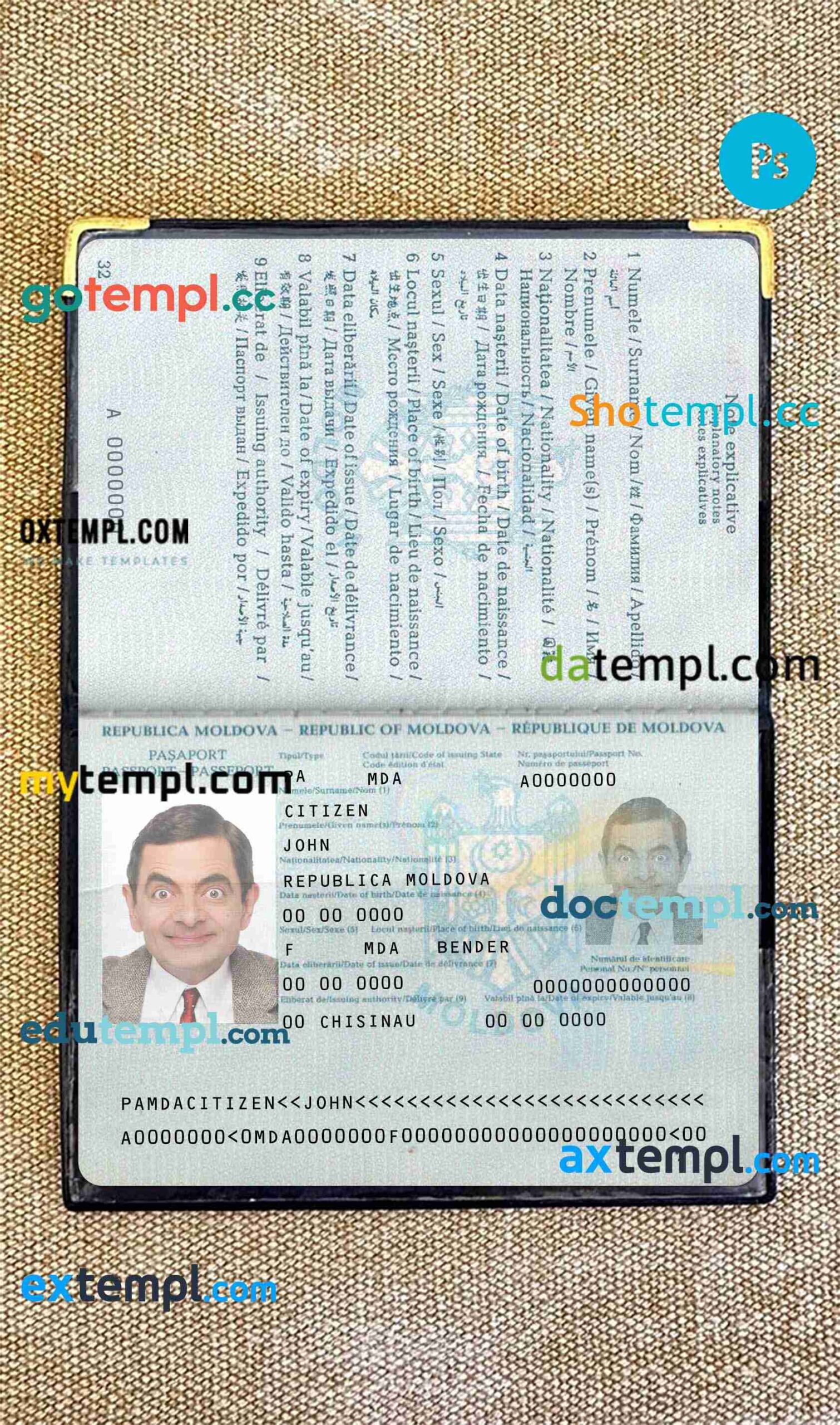 Moldova passport editable PSD files, scan and photo look templates, 2 in 1