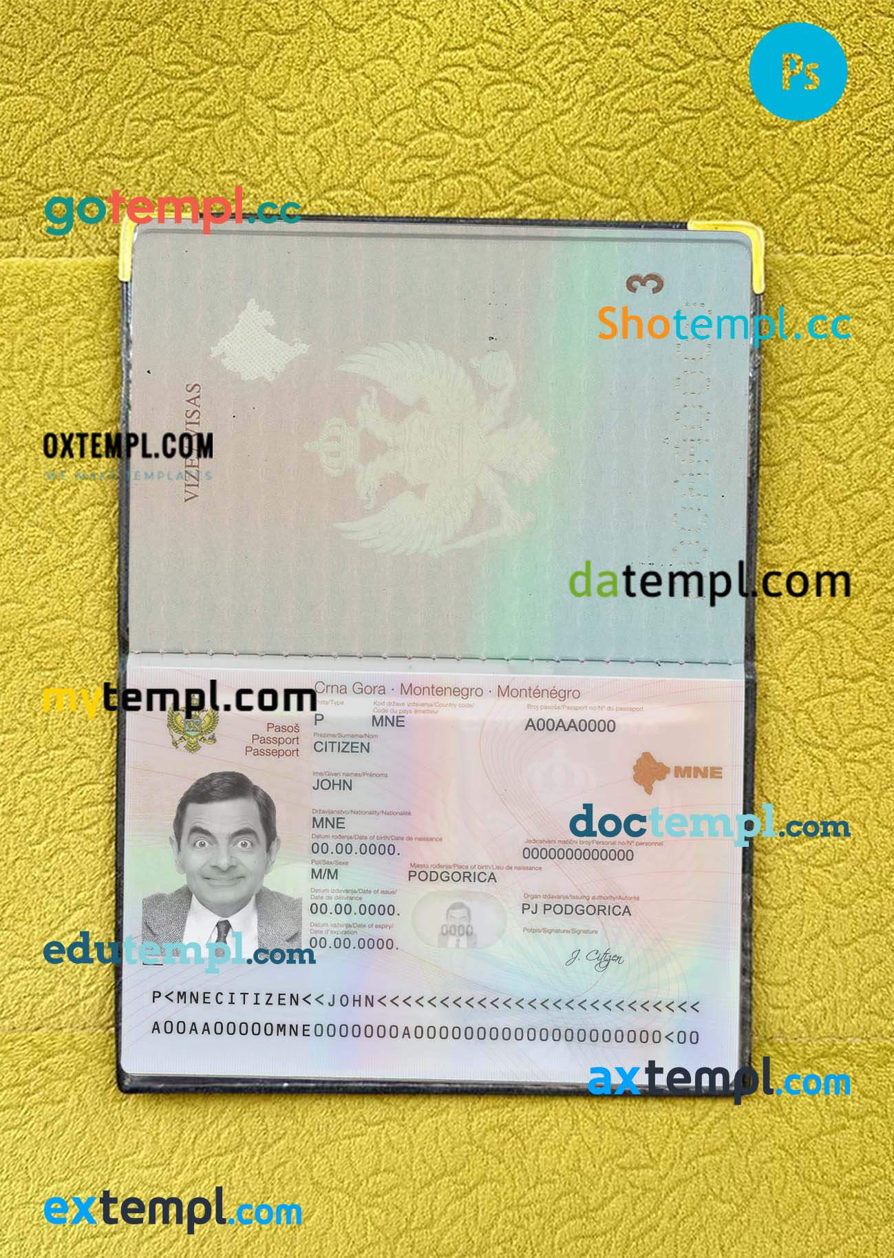 Montenegro passport PSD files, scan and photo look templates, 2 in 1