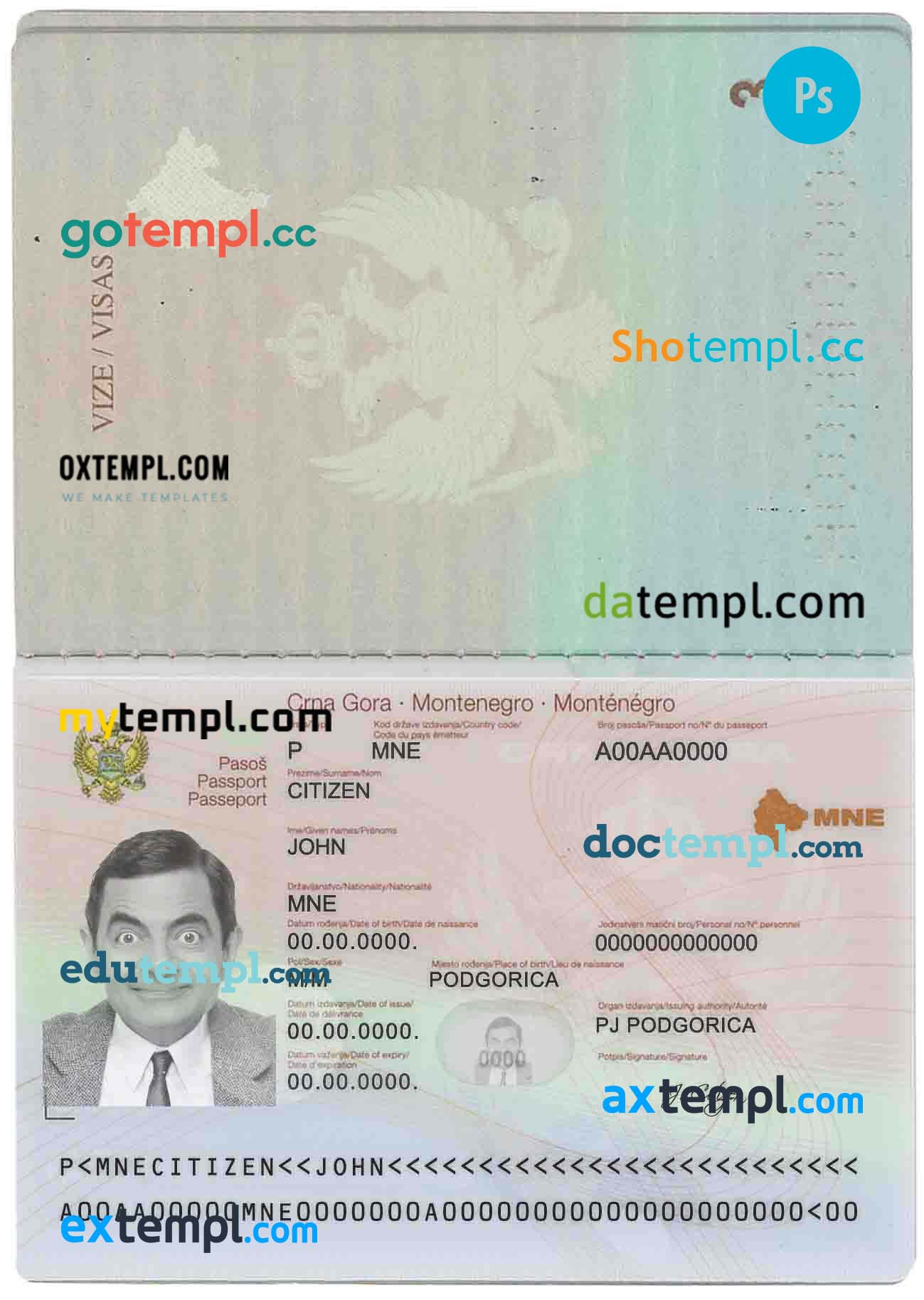 Montenegro passport PSD files, scan and photo look templates, 2 in 1