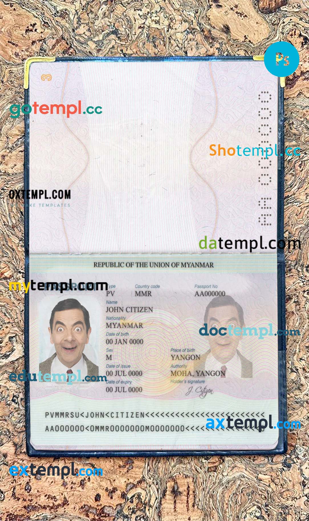Myanmar passport editable PSD files, scan and photo-realistic look, 2 in 1
