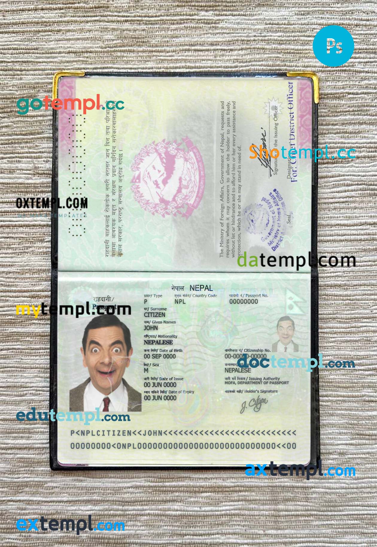 Nepal passport editable PSD files, scan and photo look templates, 2 in 1