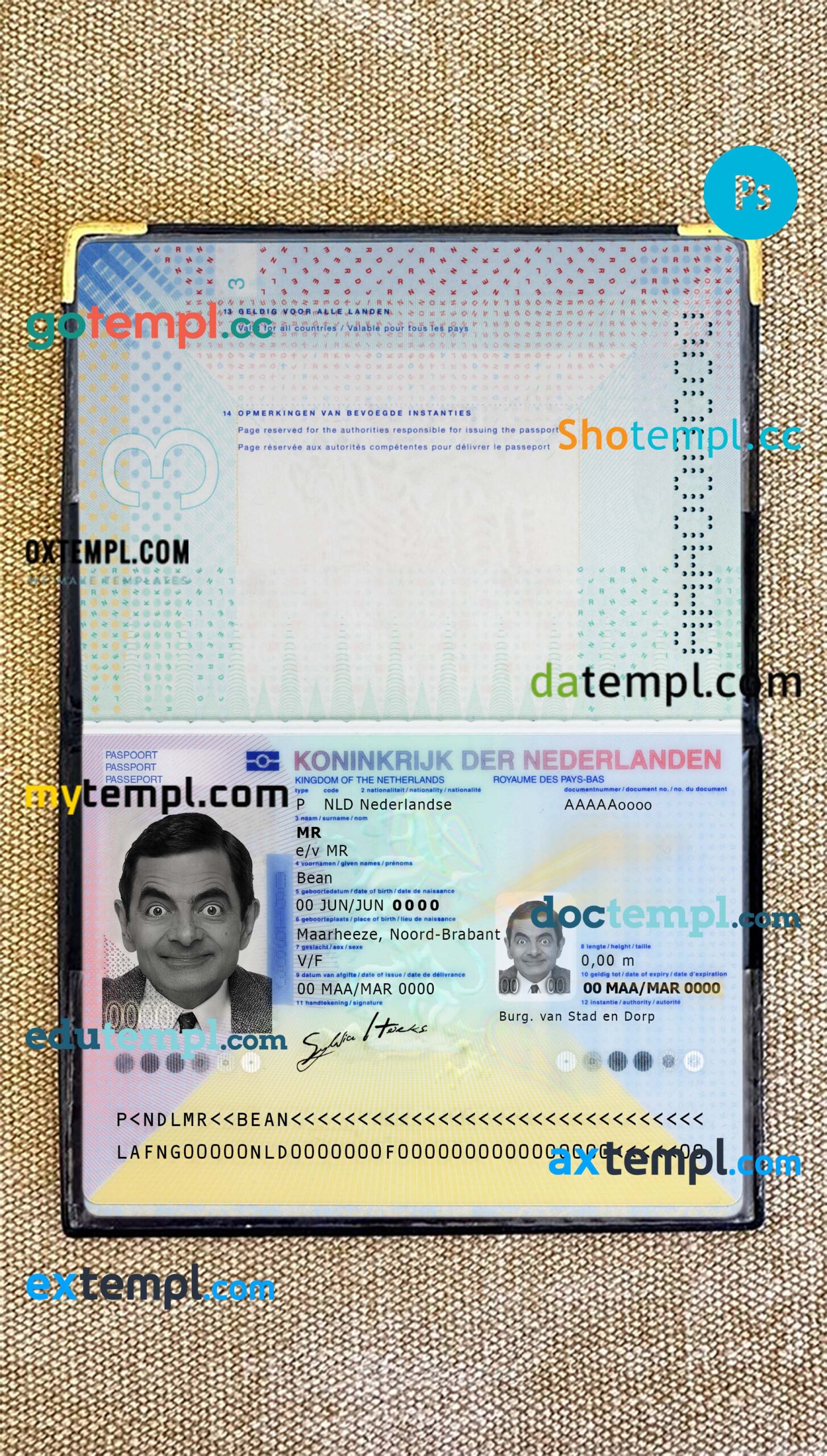 Netherlands passport editable PSD files, scan and photo look templates (2014-present), 2 in 1