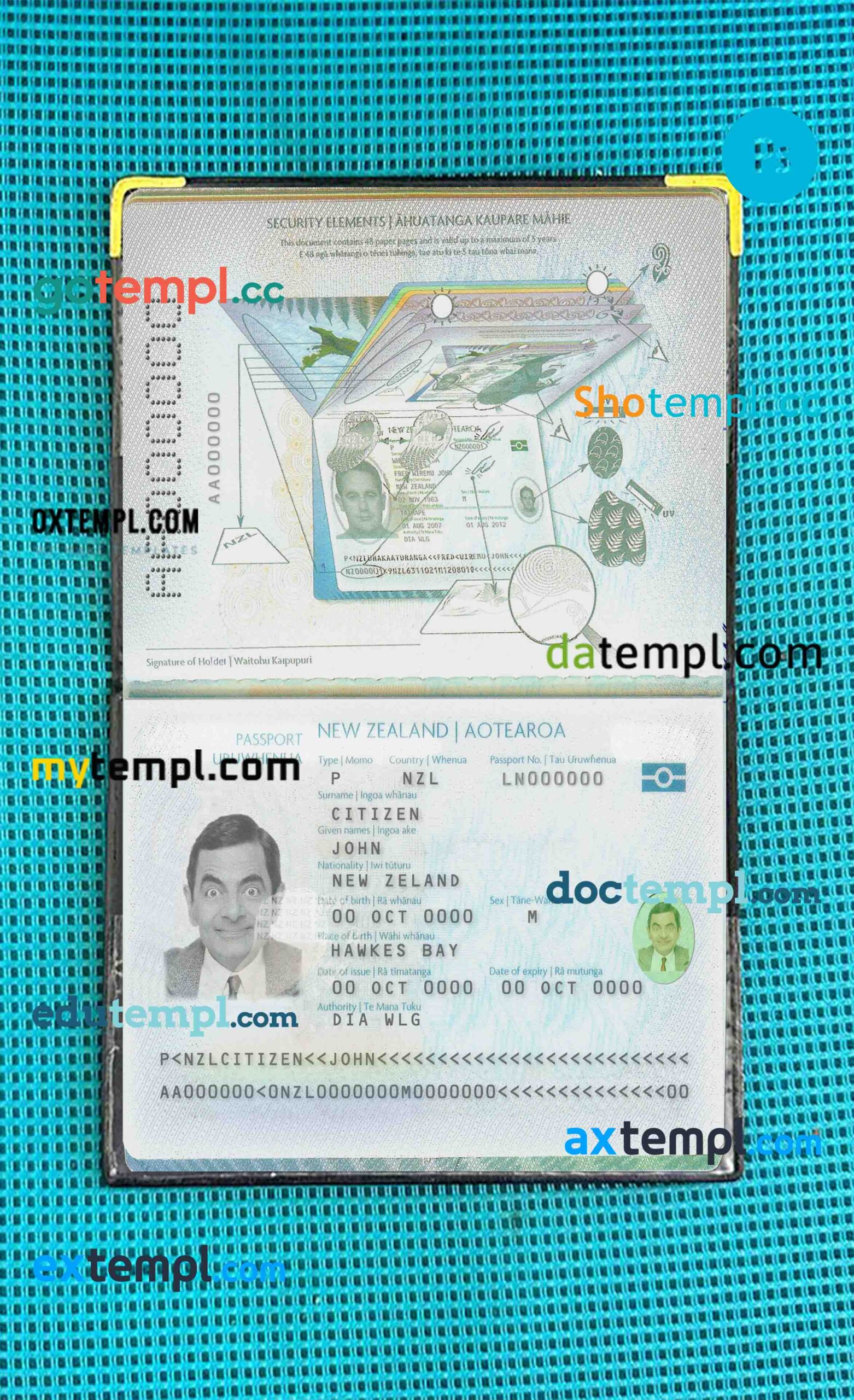 New Zealand passport editable PSD files, scan and photo taken image (2005-present), 2 in 1