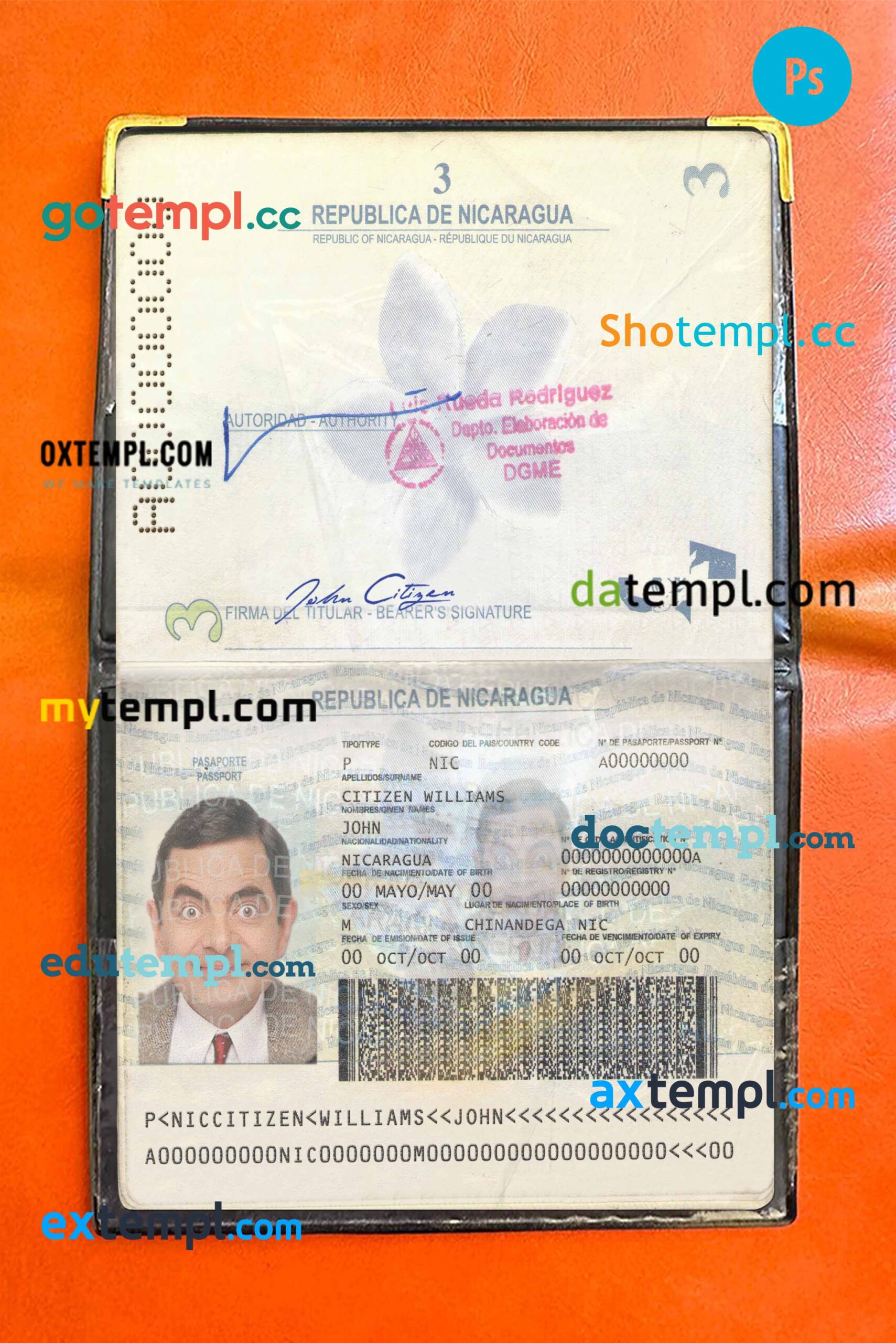 Nicaragua passport psd files, editable scan and snapshot sample, 2 in 1