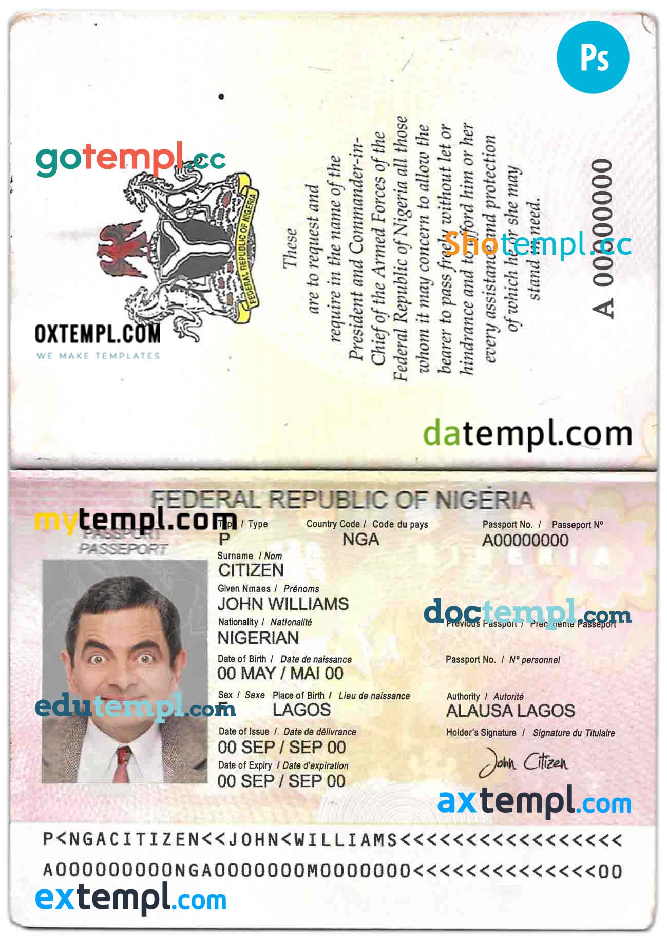 Nigeria passport PSD files, scan and photo look templates (2007-2019), 2 in 1