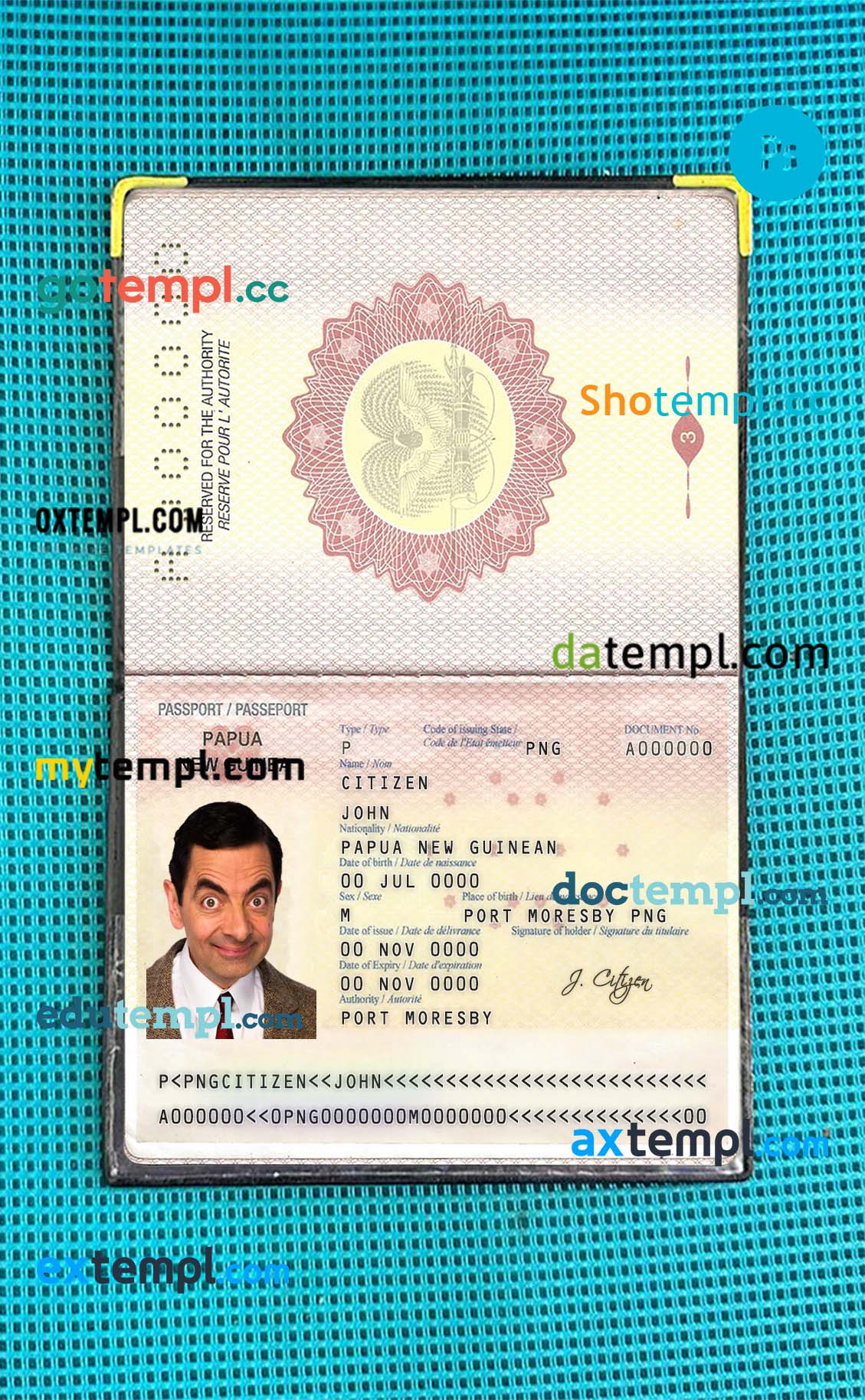 Papua New Guinea passport editable PSD files, scan and photo taken image, 2 in 1