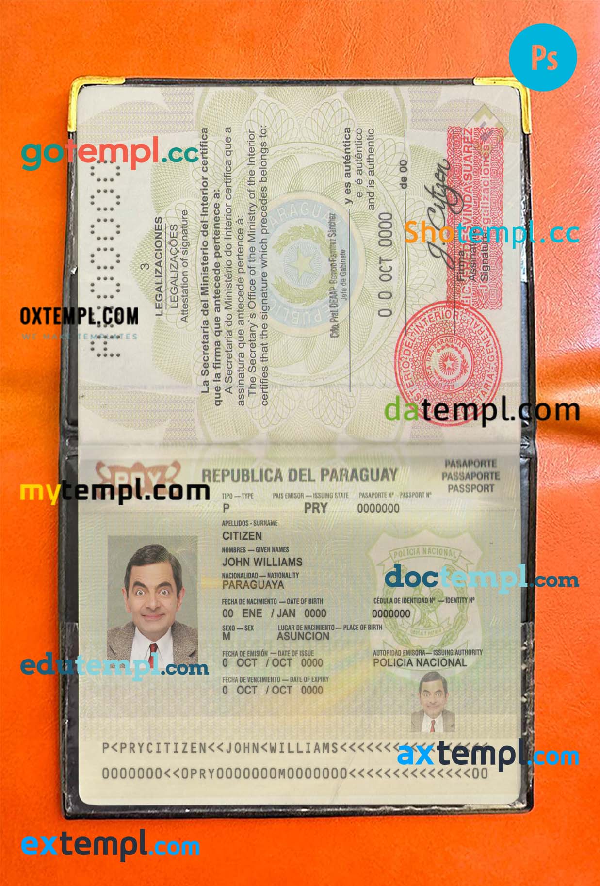 Paraguay passport psd files, editable scan and snapshot sample, 2 in 1