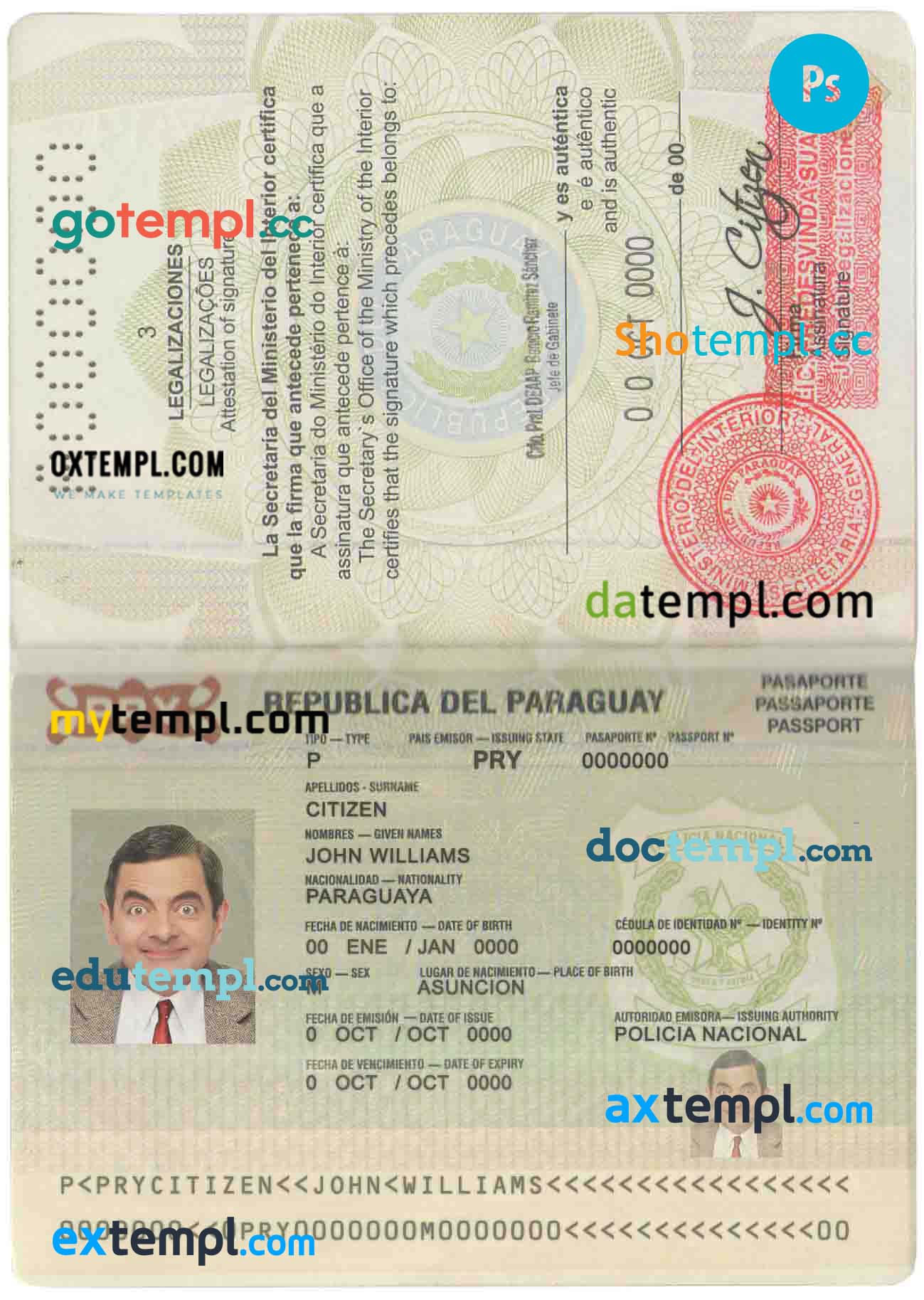 Paraguay passport psd files, editable scan and snapshot sample, 2 in 1