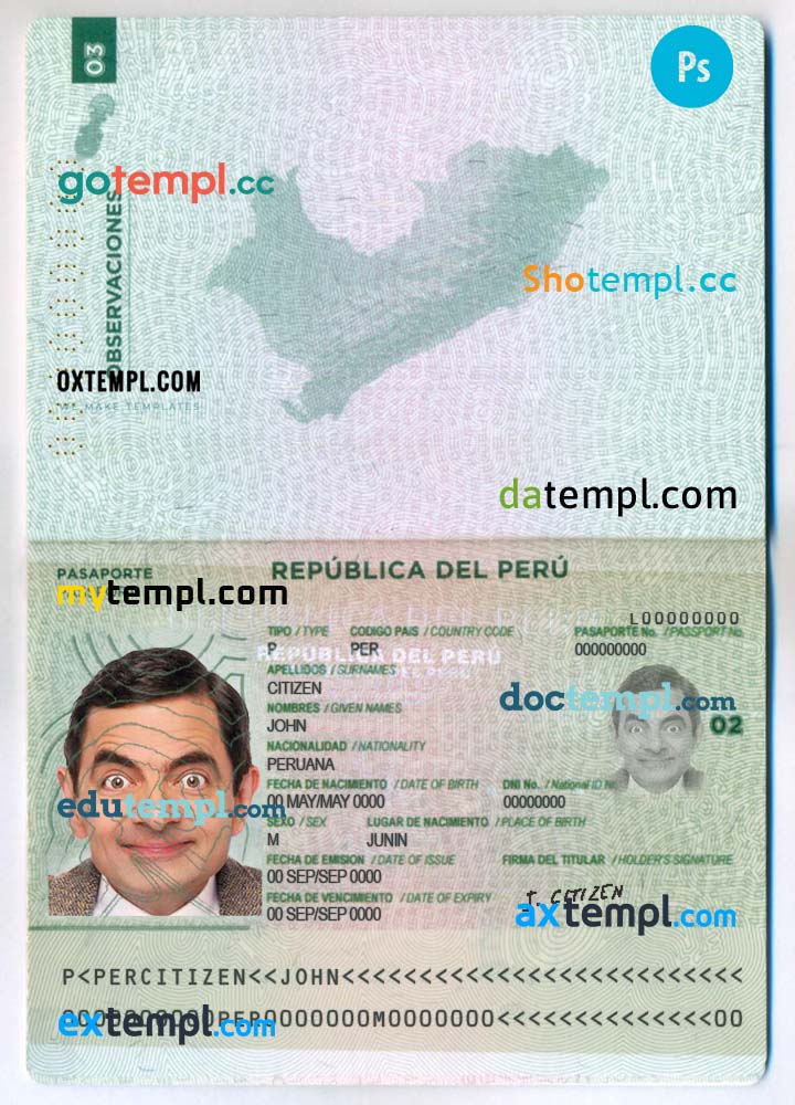 Peru passport PSD files, scan and photo look templates, 2 in 1