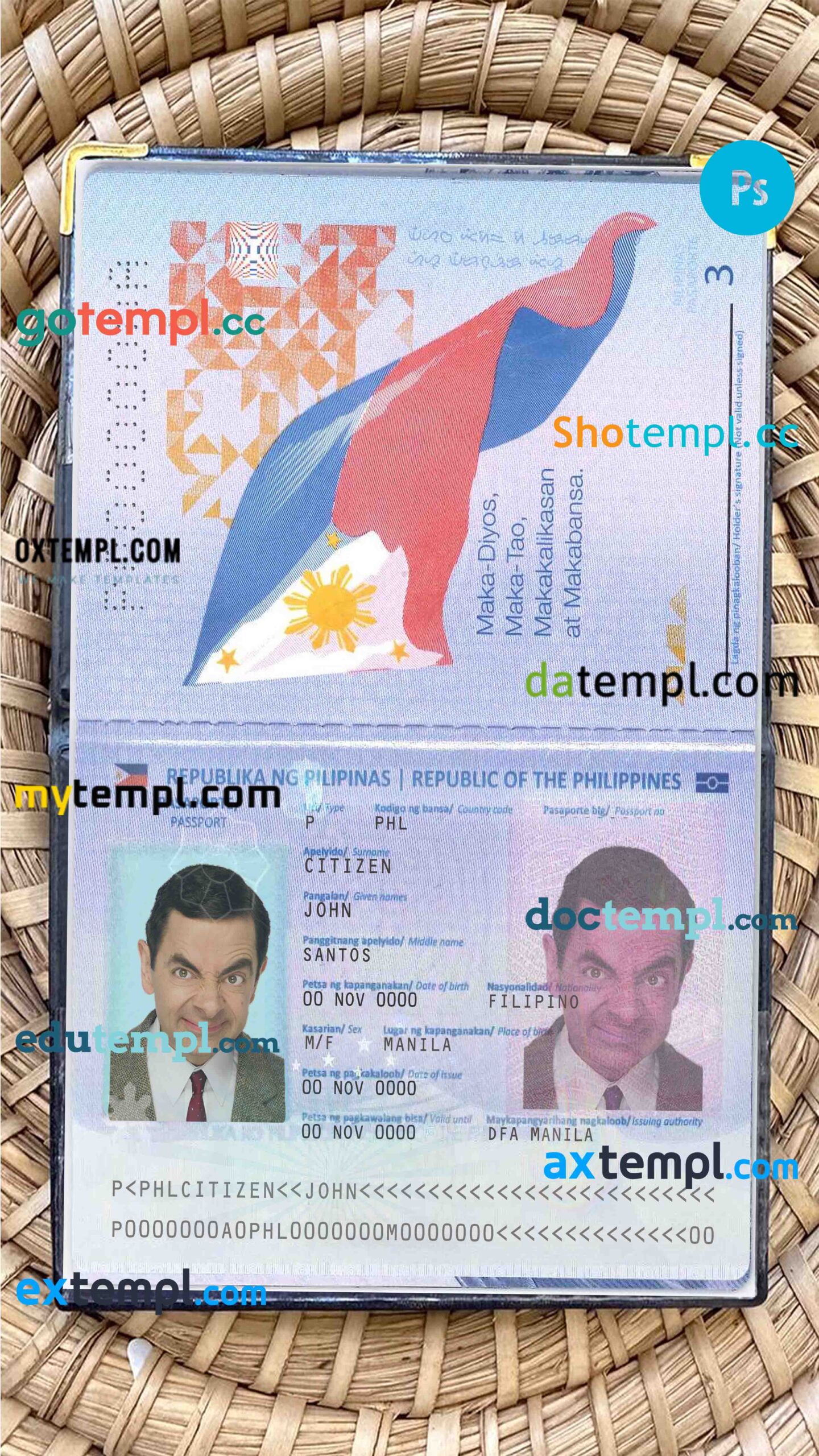 Philippines passport editable PSDs, scan and photo-realistic snapshot, 2 in 1