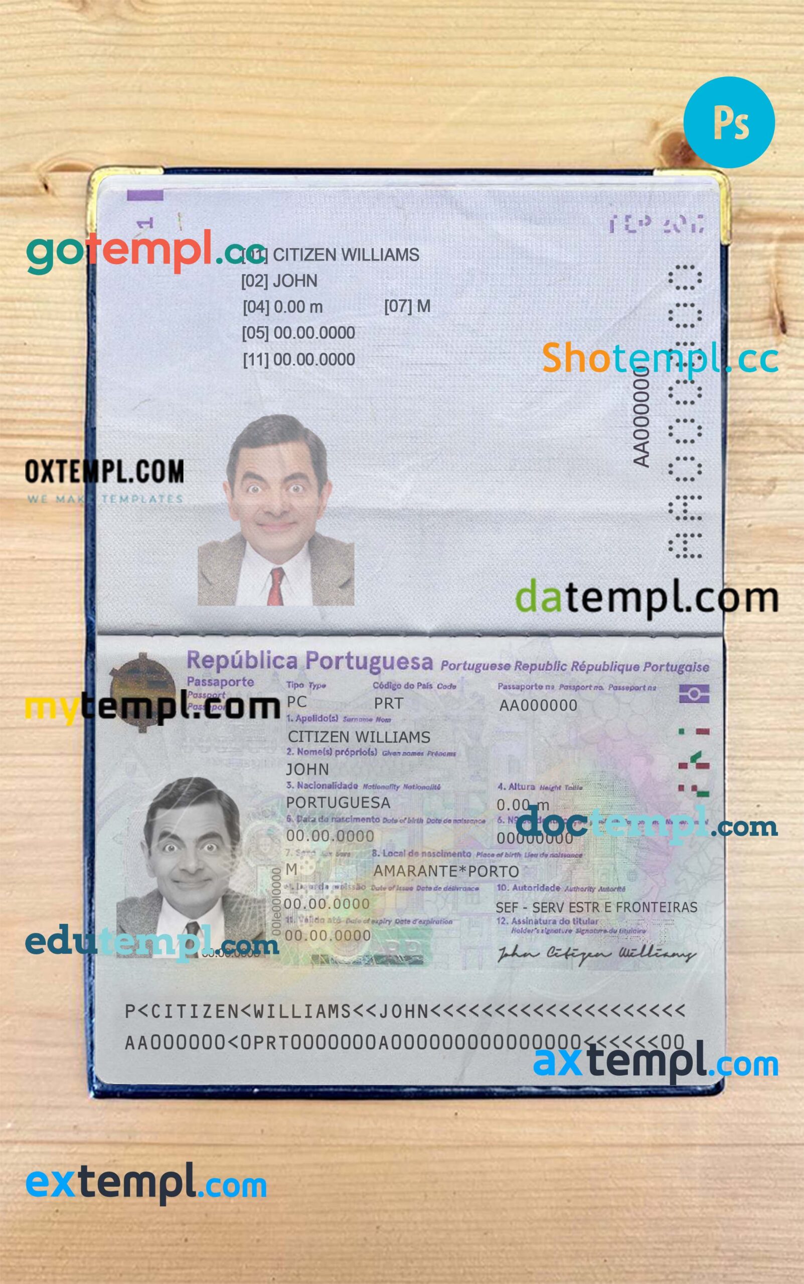 Portugal passport PSD files, editable scan and photo-realistic look sample (2017-present), 2 in 1