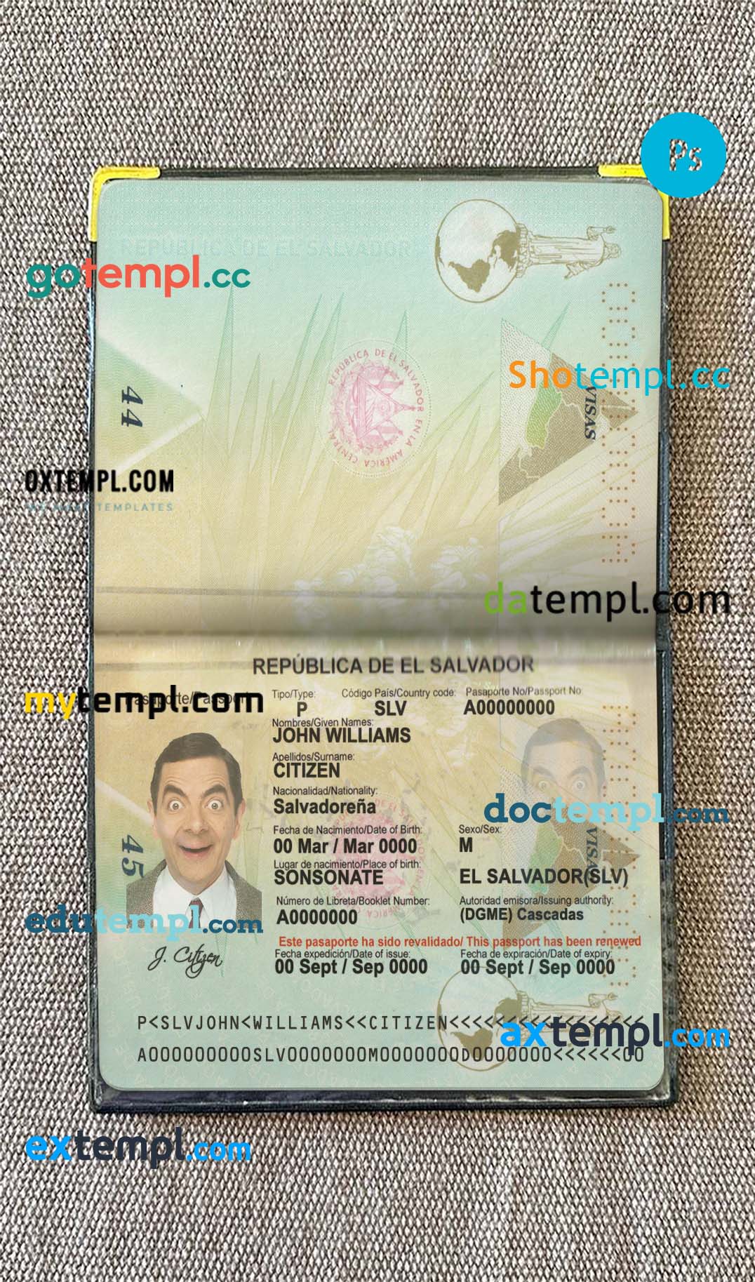 Salvador passport PSD files, scan and photograghed image, 2 in 1