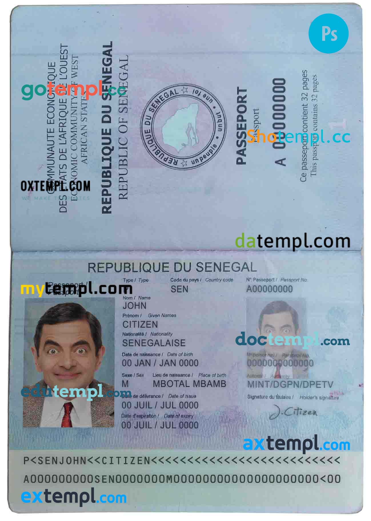 Senegal passport PSD files, editable scan and photo-realistic look sample, 2 in 1