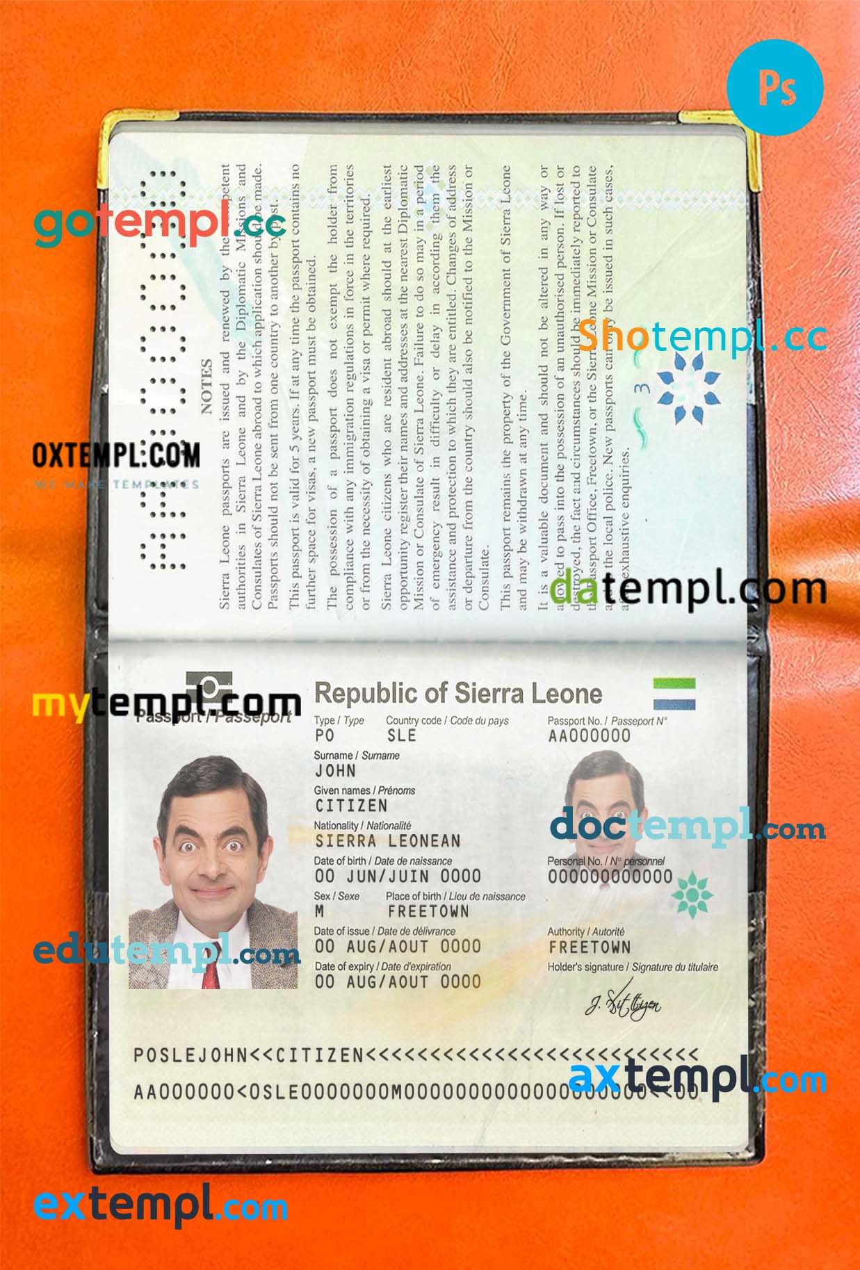 Sierra Leone passport psd files, editable scan and snapshot sample, 2 in 1