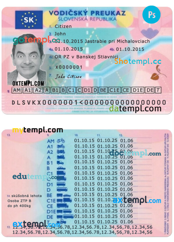Slovakia driving license template in PSD format, with fonts