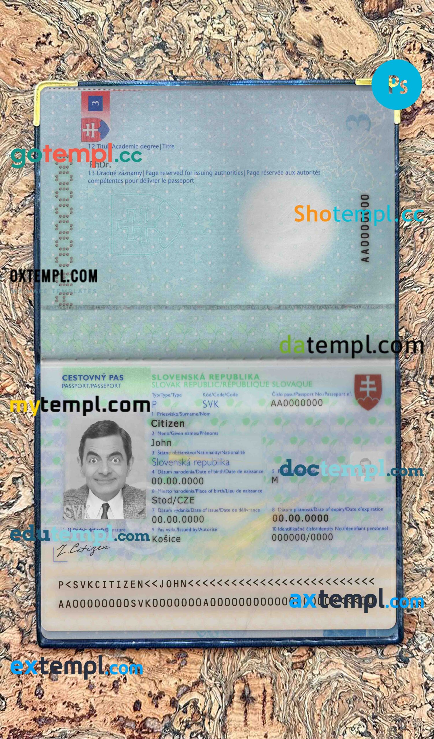 Slovakia passport editable PSDs, scan and photo-realistic snapshot, 2 in 1