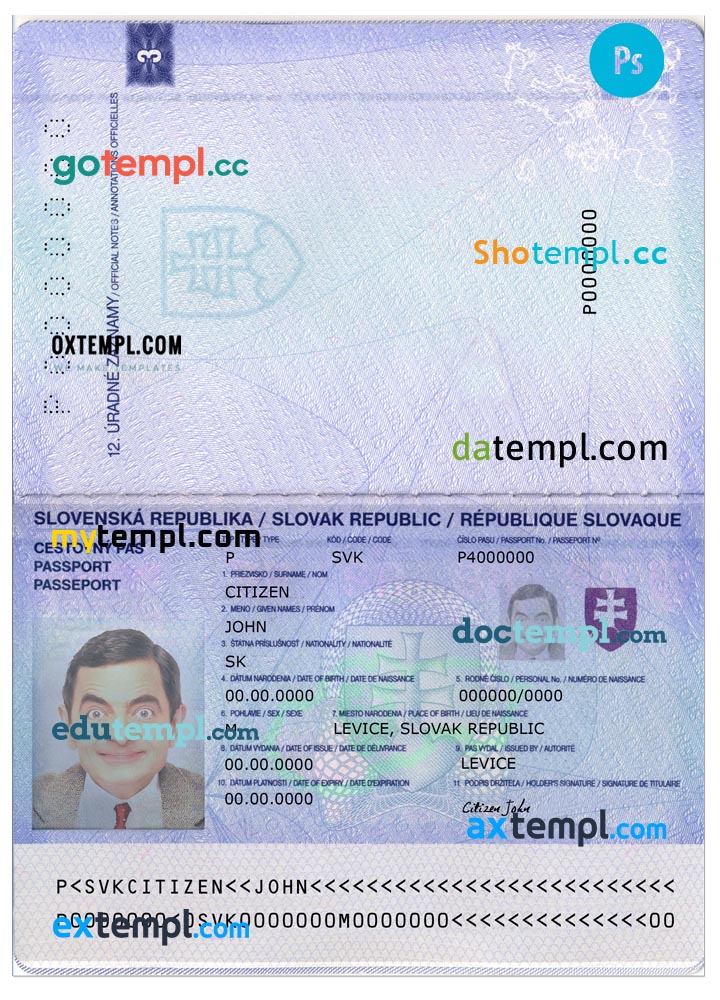 Slovakia passport editable PSD files, scan and photo-realistic look (2012), 2 in 1
