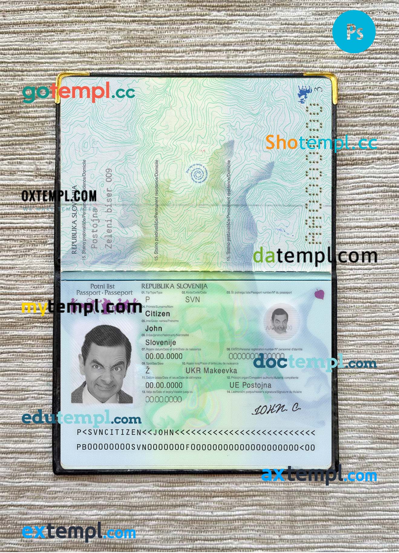 Slovenia passport editable PSD files, scan and photo-realistic look, 2 in 1