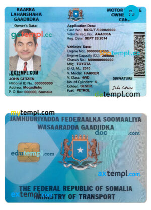Somalia driving license template in PSD format, with fonts