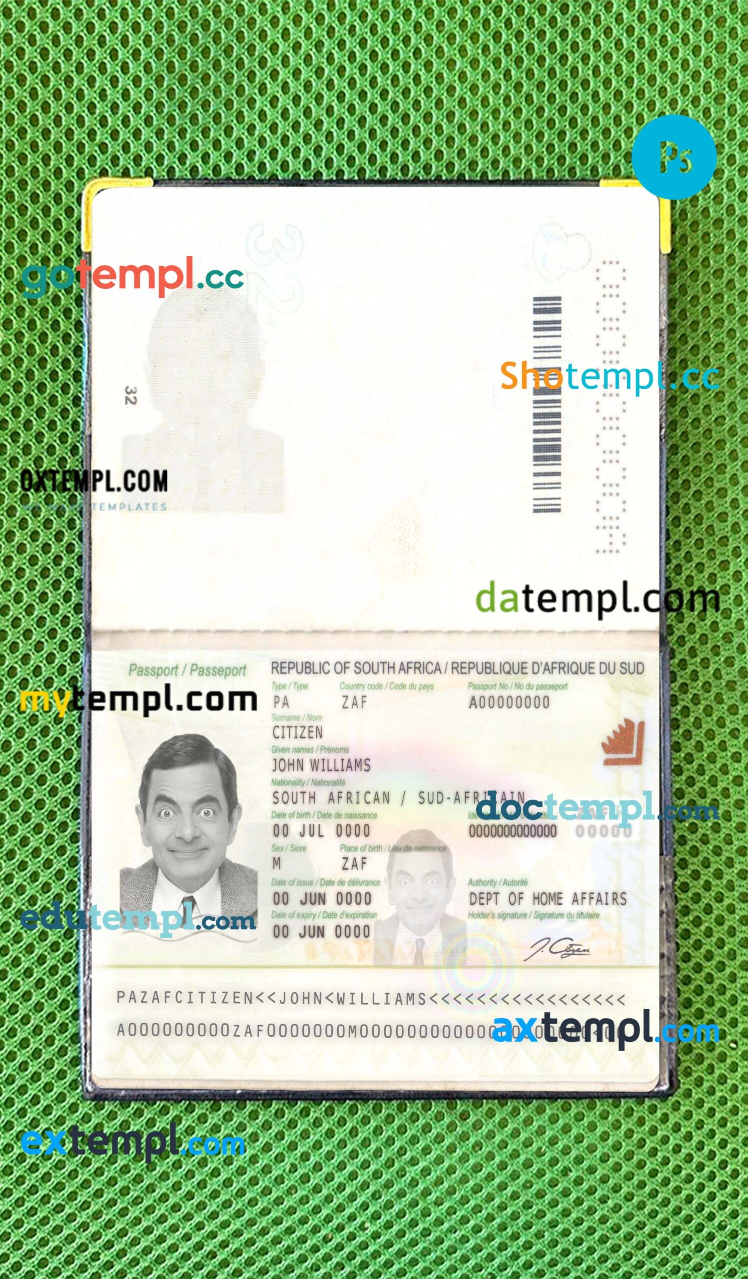 South Africa passport editable PSD files, scan and photo-realistic look (2009-present),2 in 1