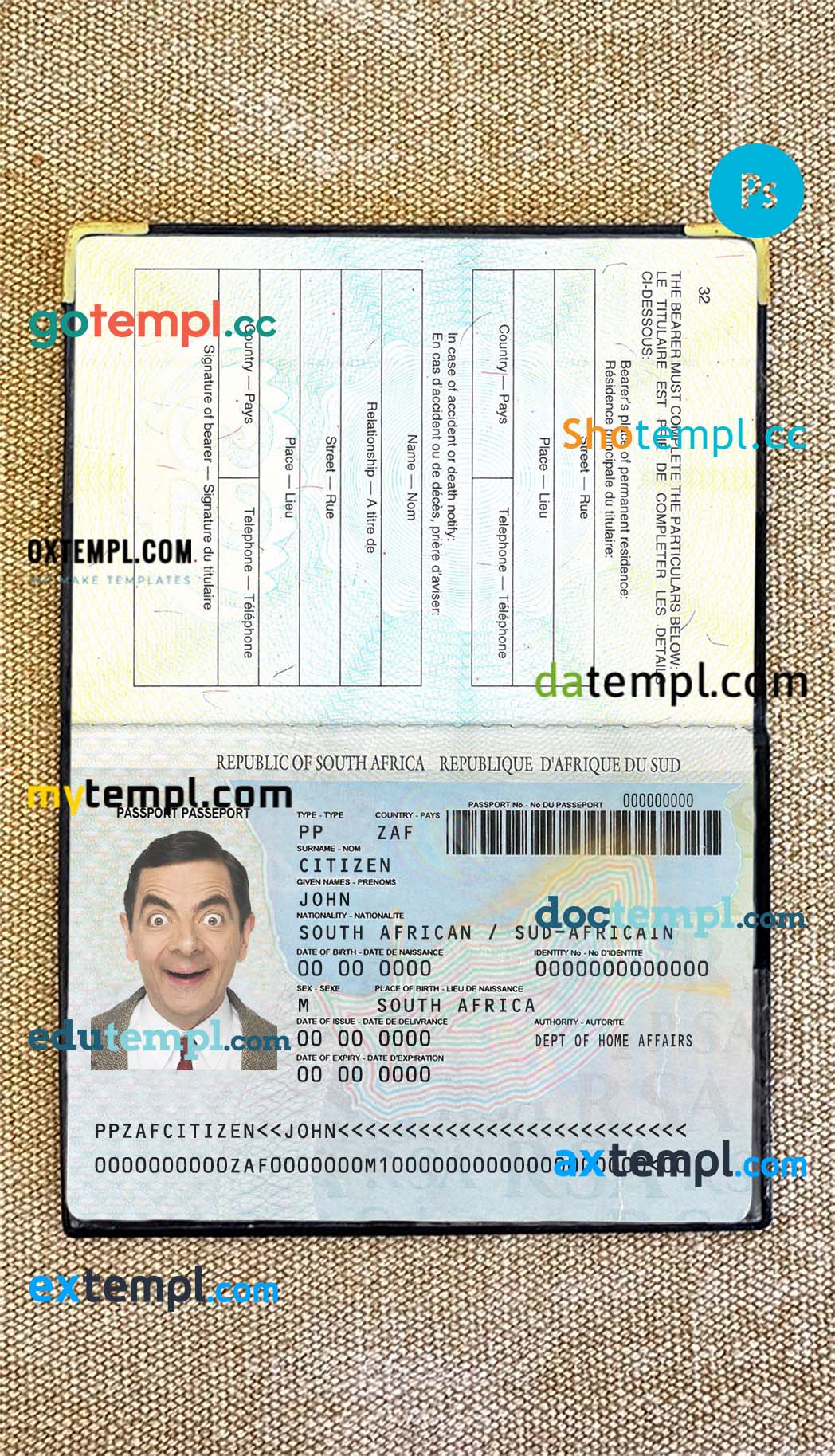 South Africa passport editable PSD files, scan and photo look templates, 2 in 1