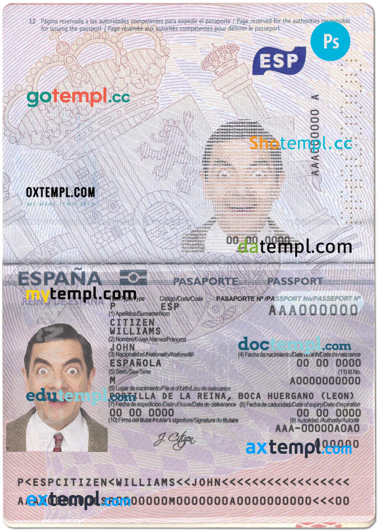 Spain passport editable PSD files, scan and photo look templates (2015-present), 2 in 1