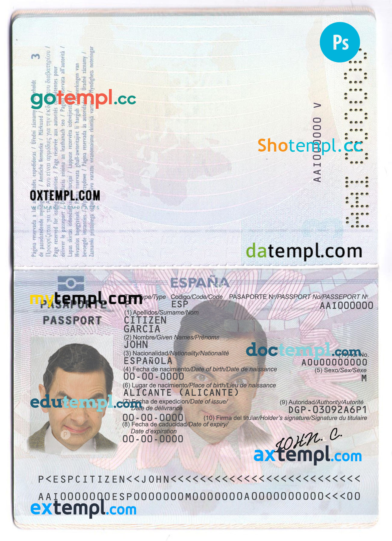 Spain passport PSD files, editable scan and photo-realistic look sample, 2 in 1