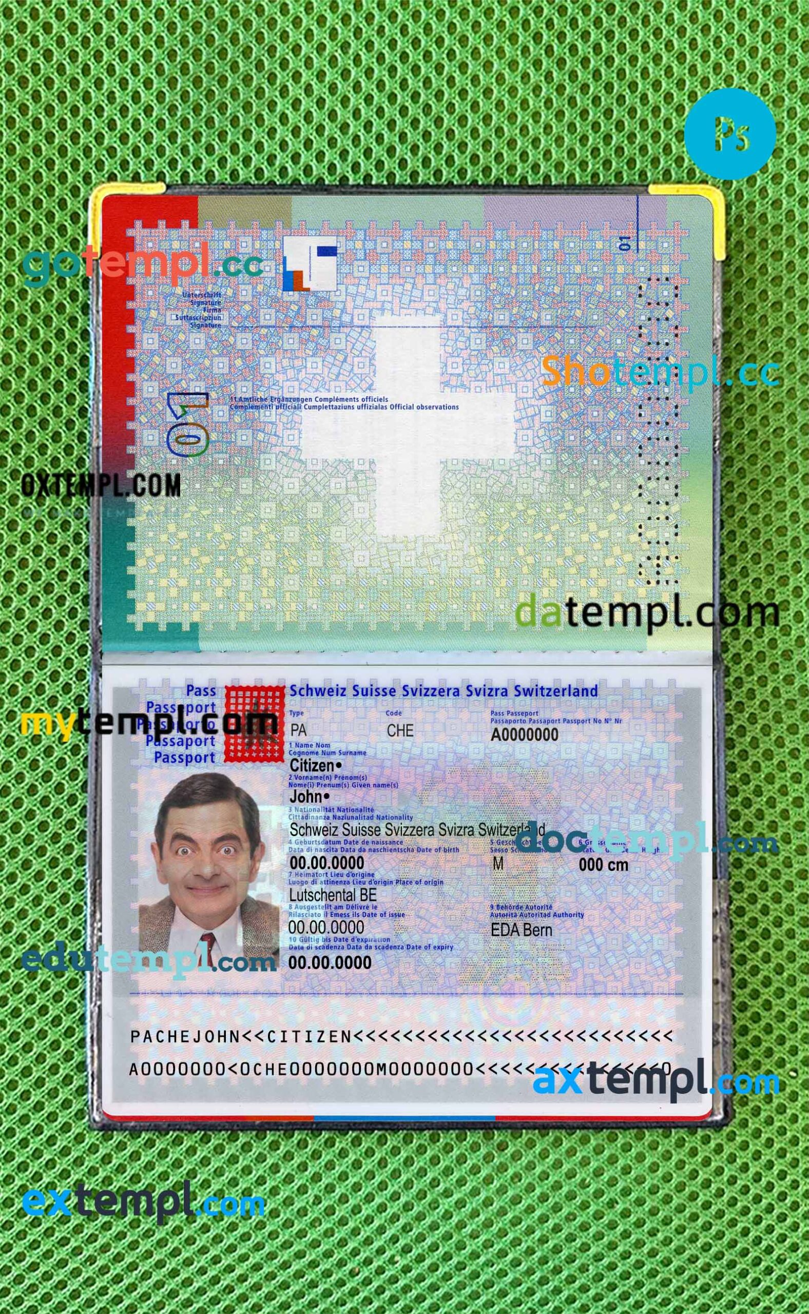 Switzerland passport PSD files, scan and photo look templates, 2 in 1