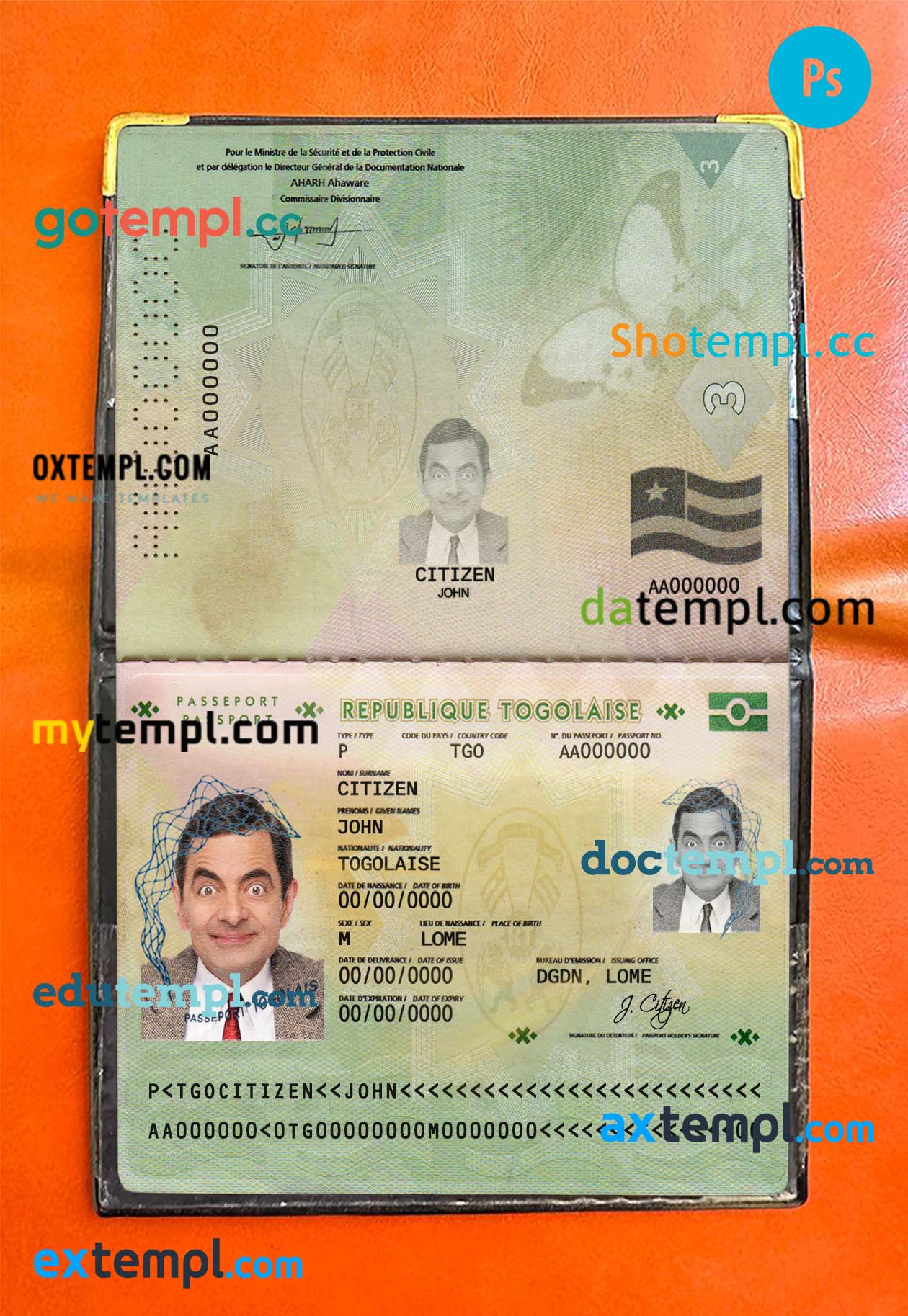 Togo passport psd files, editable scan and snapshot sample, 2 in 1