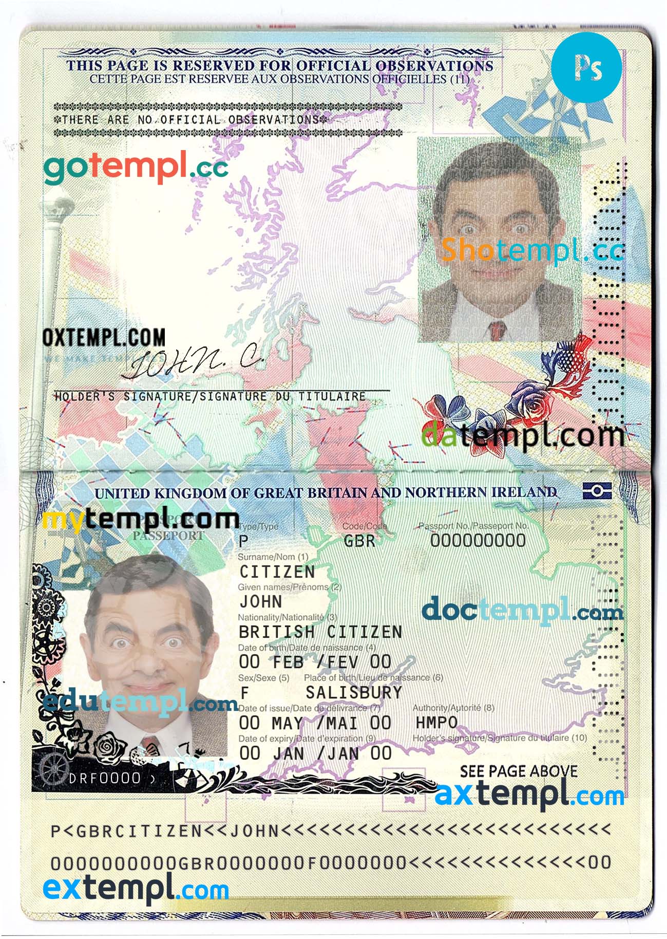 United Kingdom of Great Britain passport editable PSD files, scan and photo look templates (2015-2020), 2 in 1