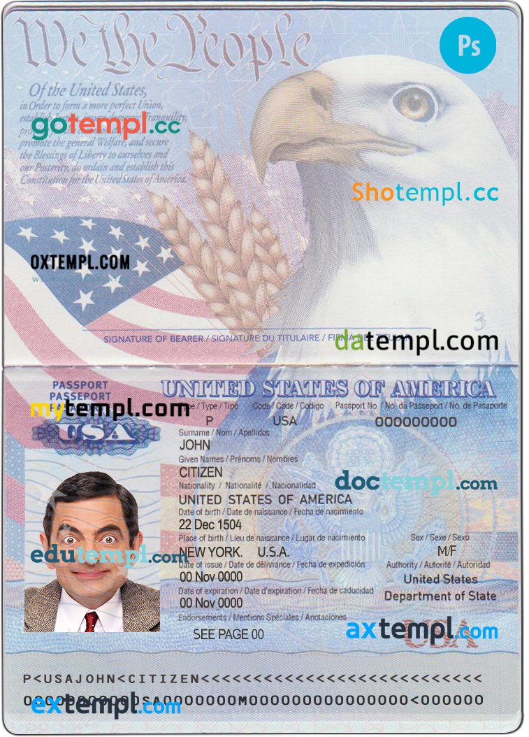USA passport editable PSD files, scan and photo look templates (2007-2022),2 in 1